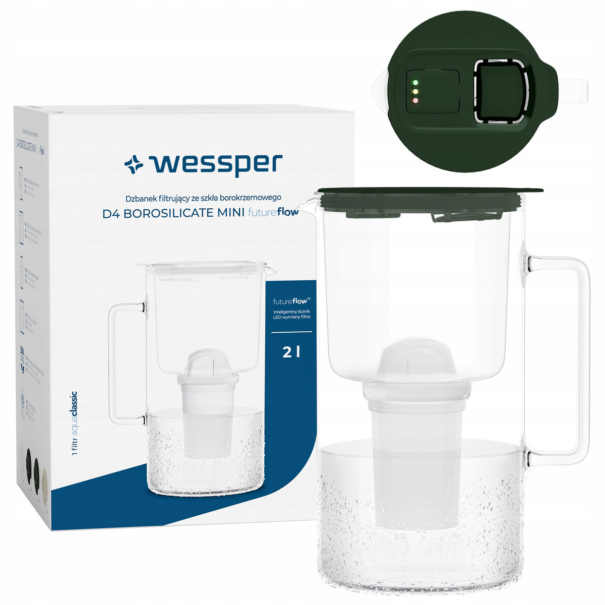 Glass filter jug 2L Wessper WES209-FF-GE MINI + LED filter