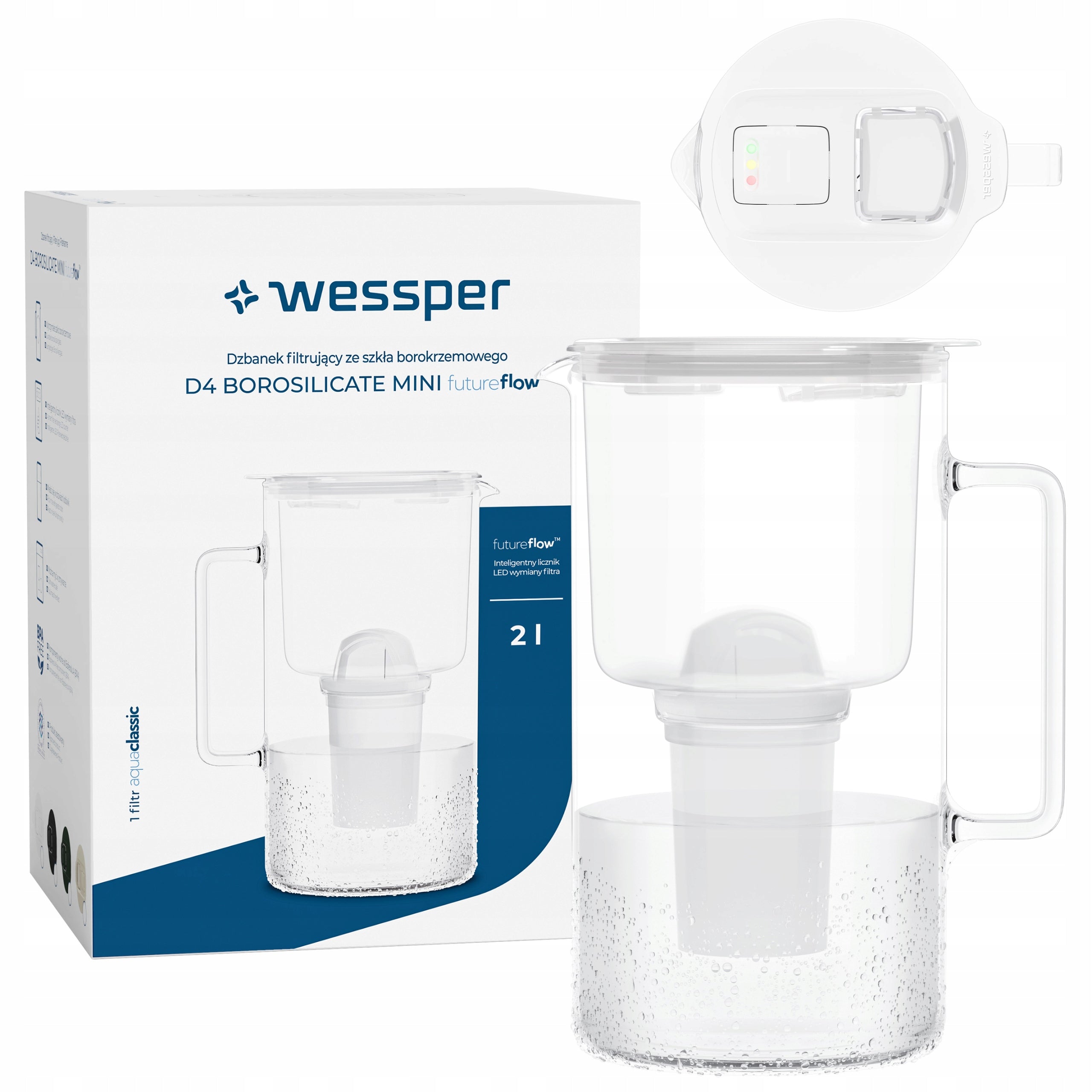 Glass filter jug 2L Wessper WES209-FF-WH MINI + LED filter
