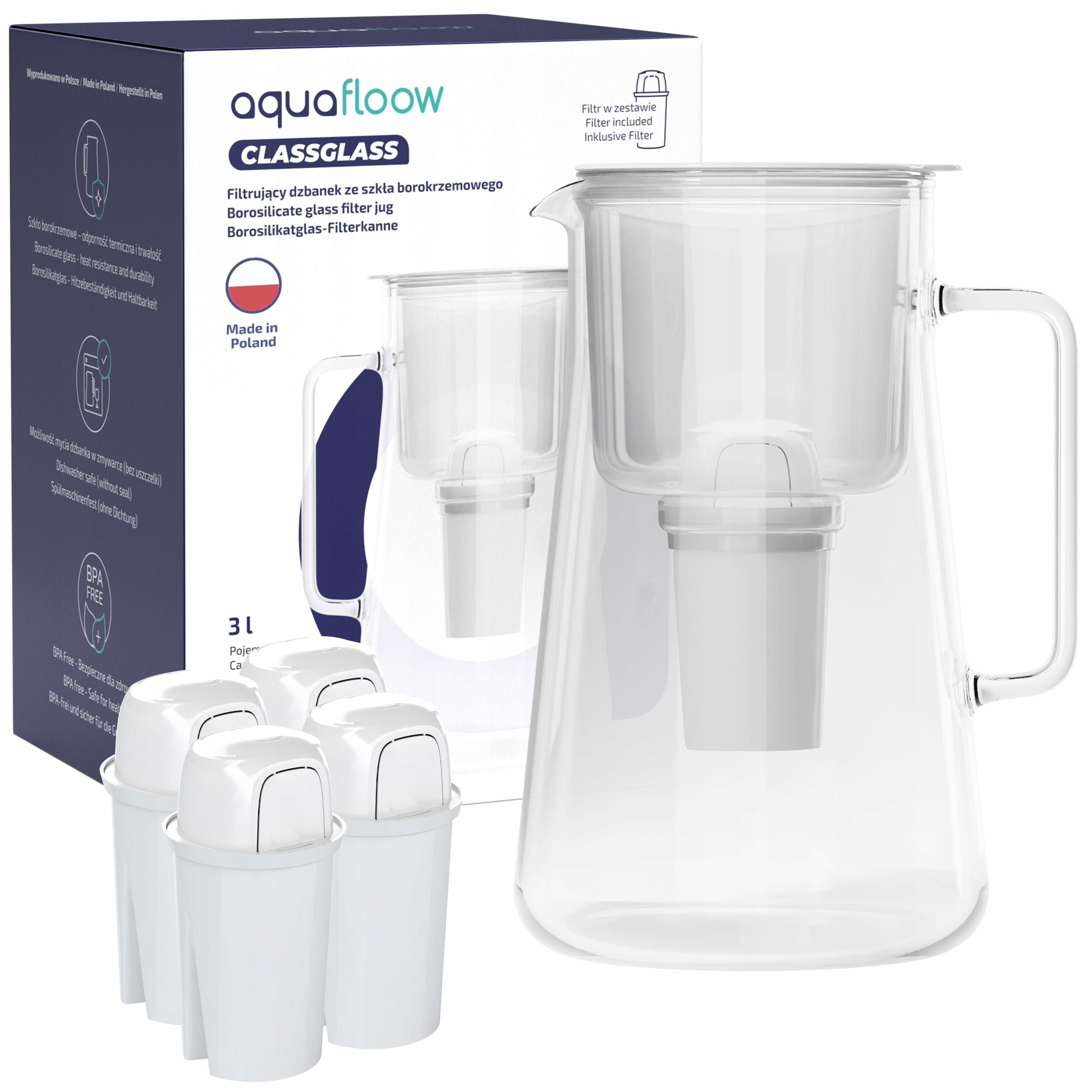 Glass filter jug AquaFloow 3l white + 5x filter AquaFloow Class