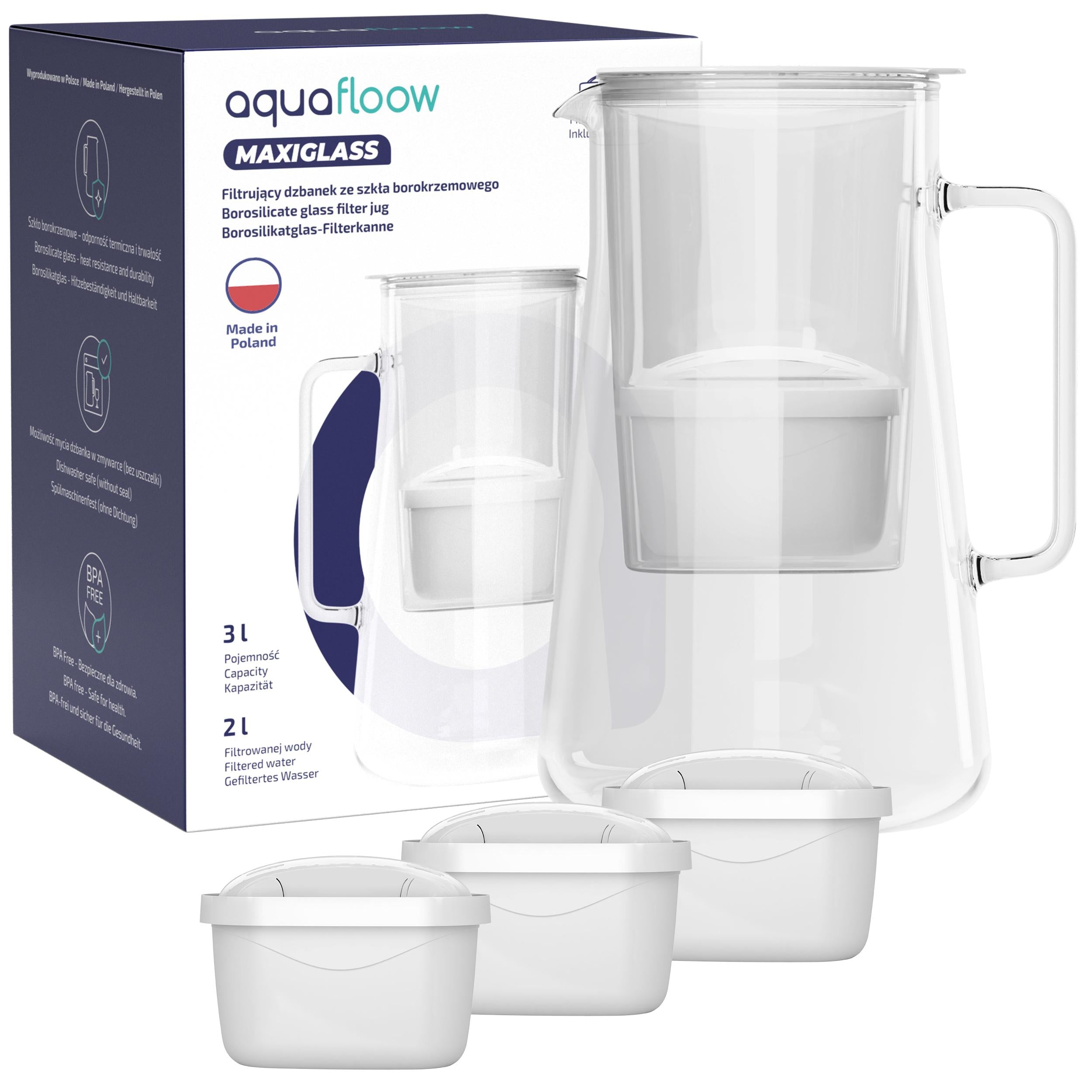 Glass filter jug AquaFloow MaxiGlass 3l white + 4x Maxi filter