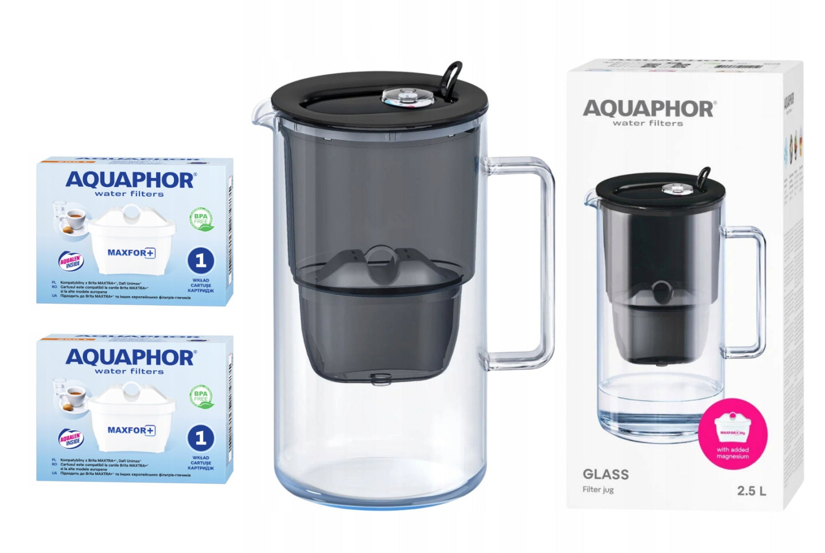 Glass filter jug Aquaphor Glass 2,5l + 2 Maxfor+, BLACK