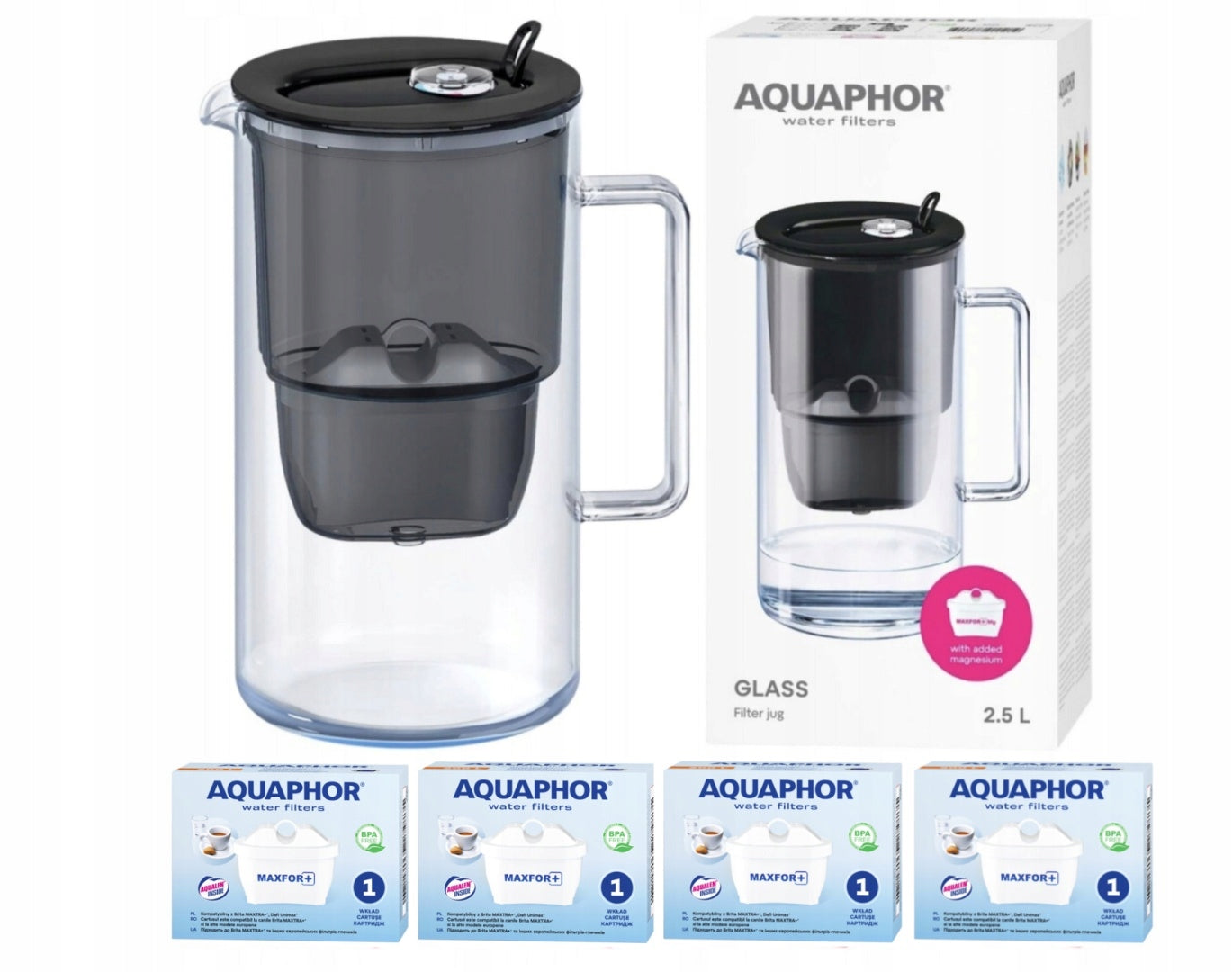 Glass filter jug Aquaphor Glass BLACK + 4 filters Maxfor+