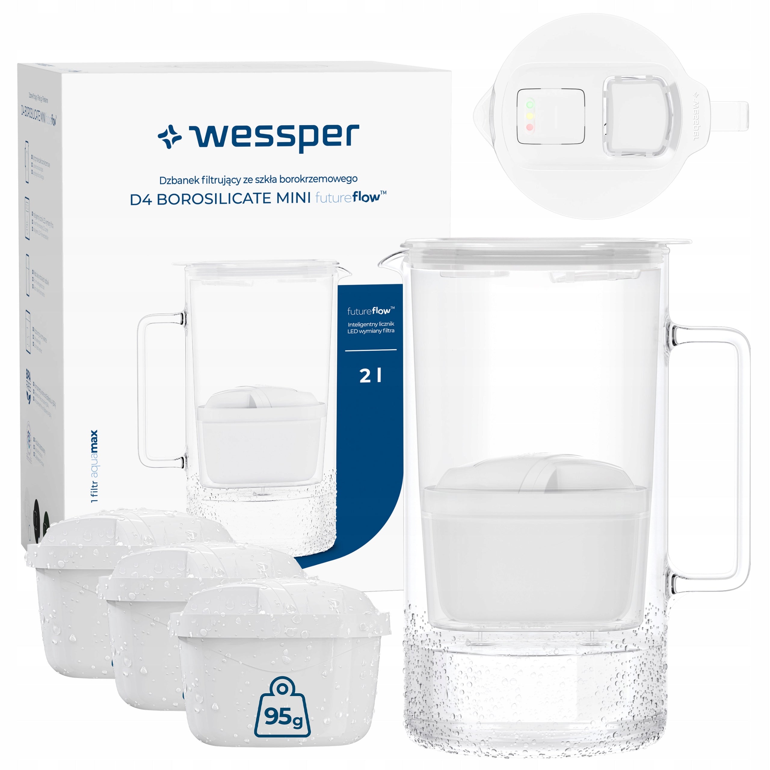 Glass filter jug D4 BOROSILICATE MINI LED counter 2l + 4x filter