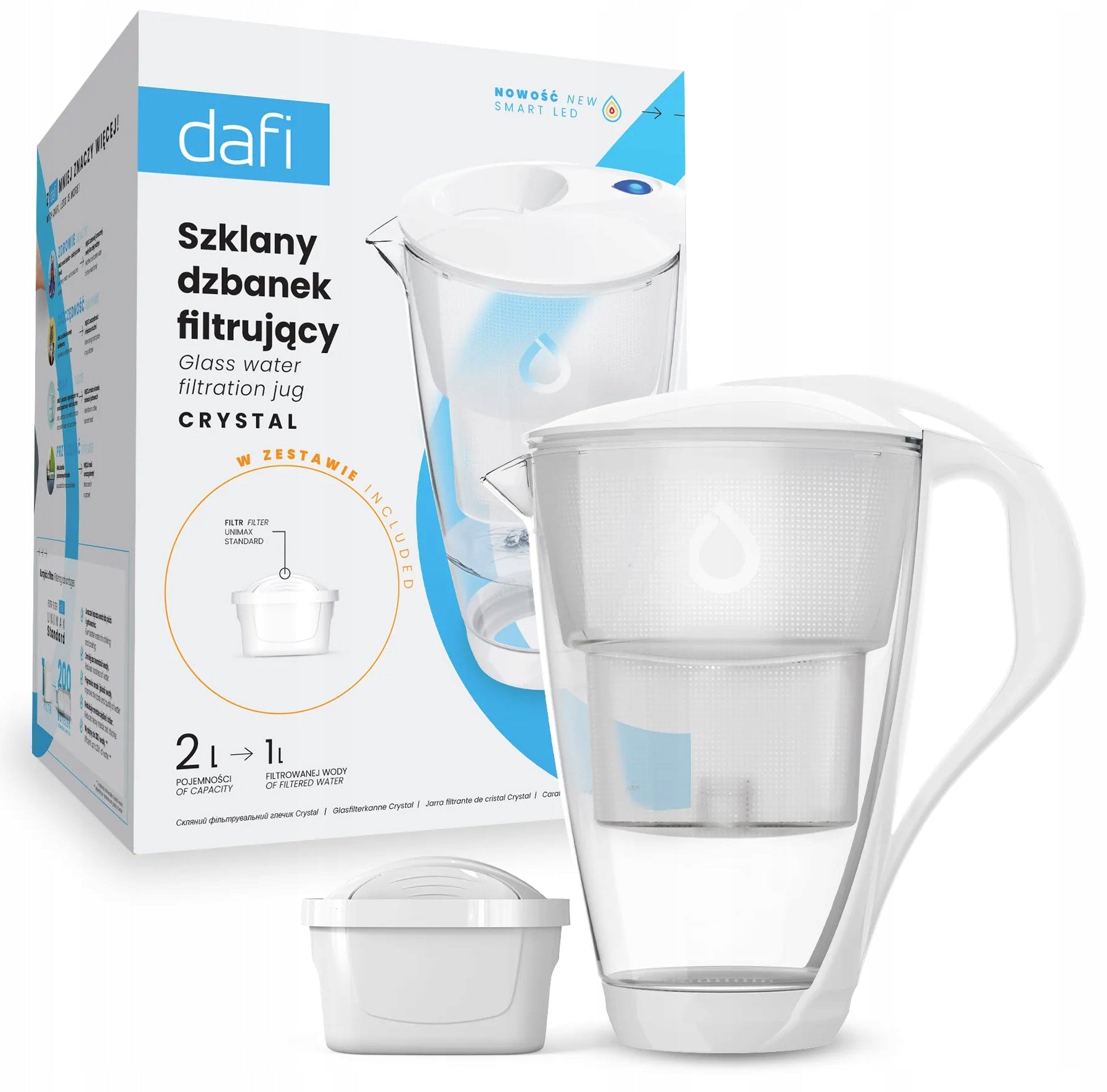 Glass filter jug Dafi Crystal LED + 6x UNIMAX filter WHITE Manufacturer code D.FO.DAFI.SZKLANY.LED.UM.BIA.P-6