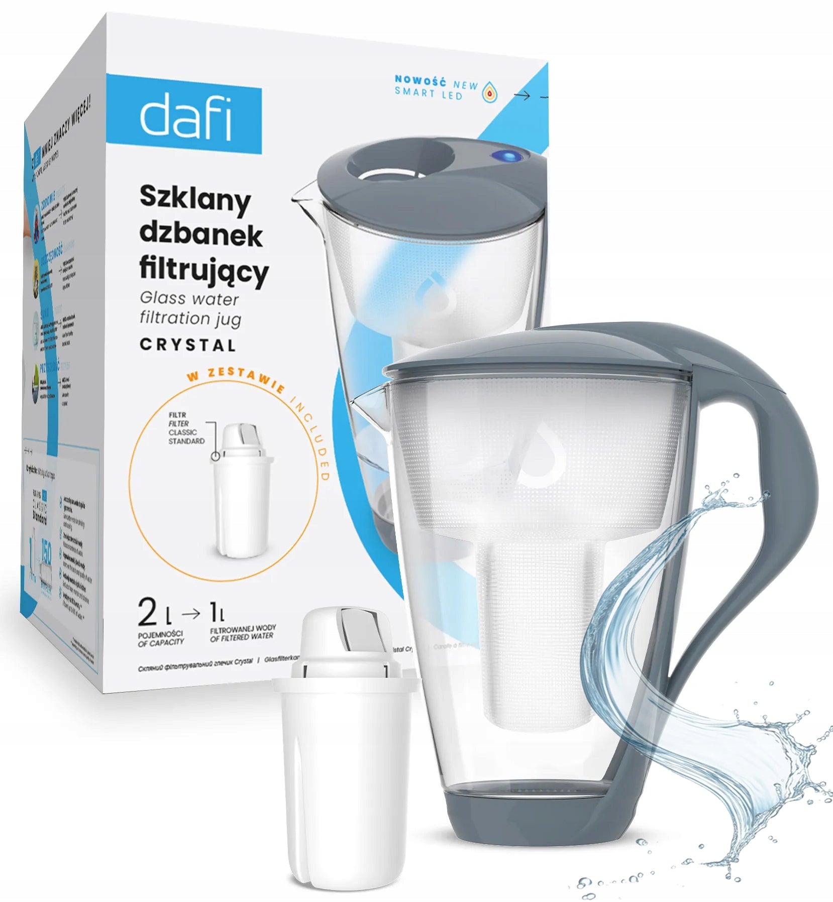 Glass filter jug Dafi Crystal LED GREY + 1 Classic filter