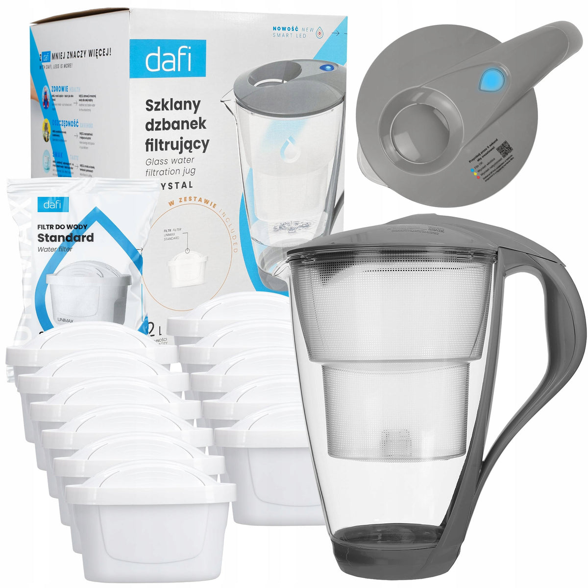 Glass filter jug Dafi Crystal LED grey + 12x filter Dafi Unimax
