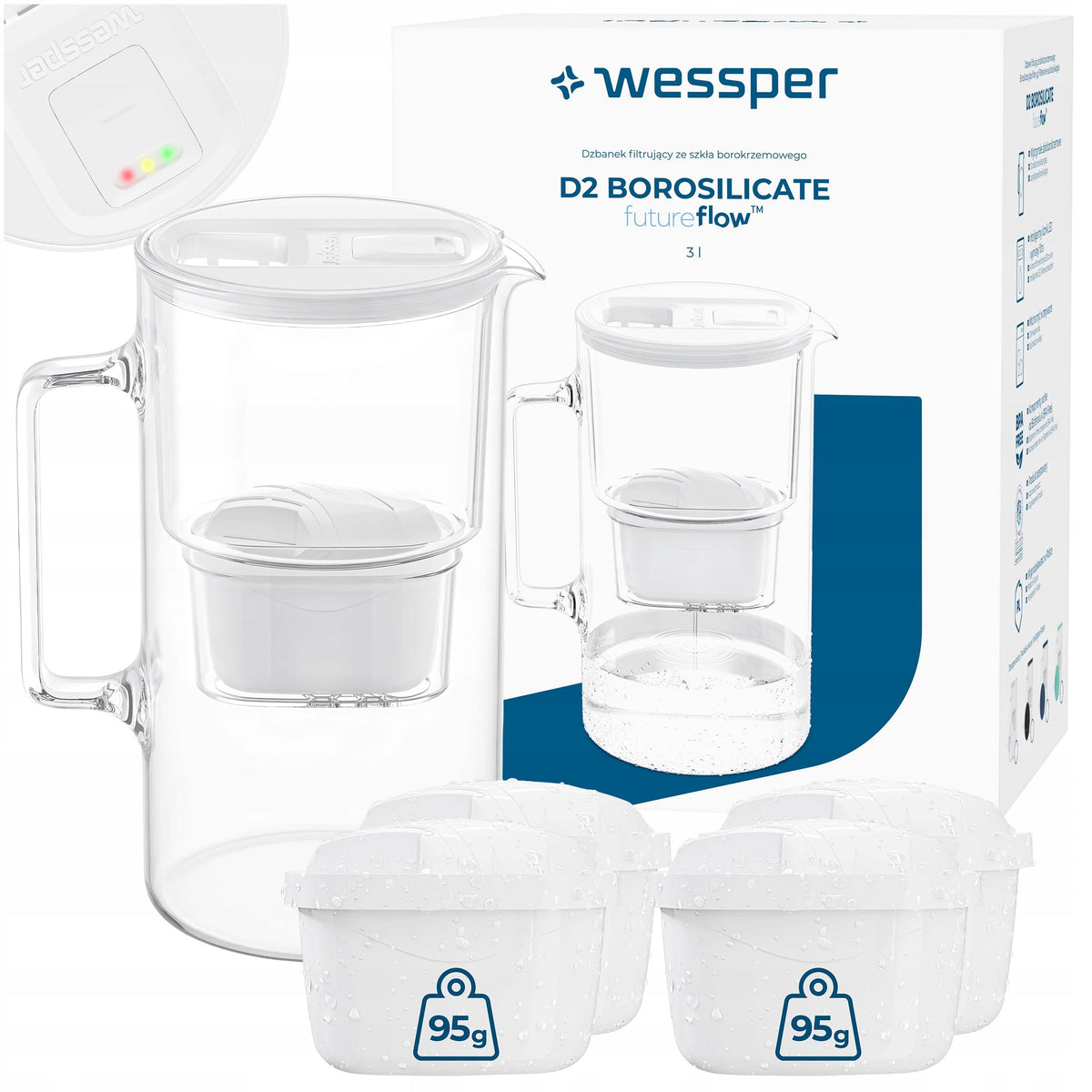Glass filter jug LED counter Wessper D2 BOROSILICATE + 5x filter