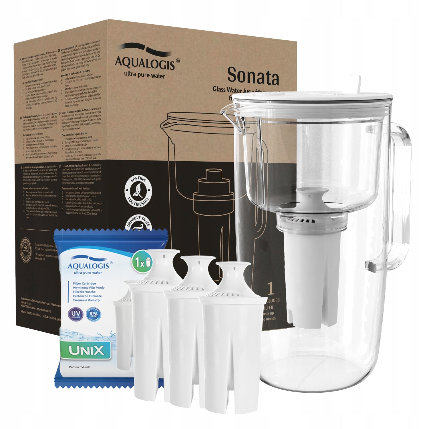 Glass filter jug Sonata White + 3 UniX cartridges
