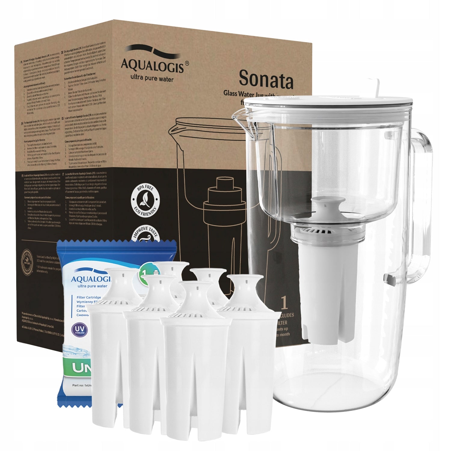 Glass filter jug Sonata White + 6 UniX cartridges