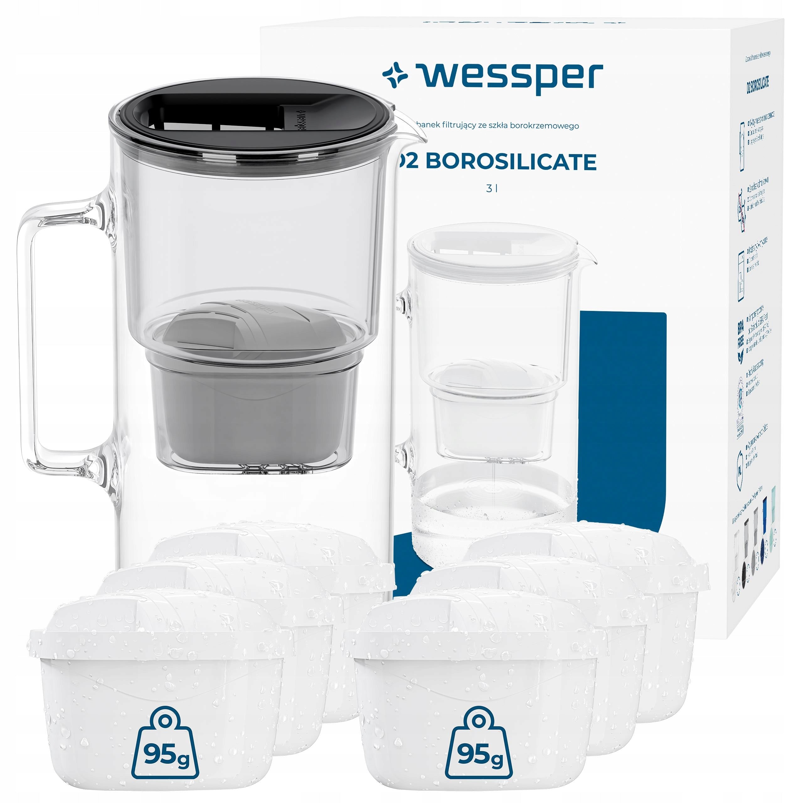 Glass filter jug Wessper AquaMax 3l + 7x water filter Wessper
