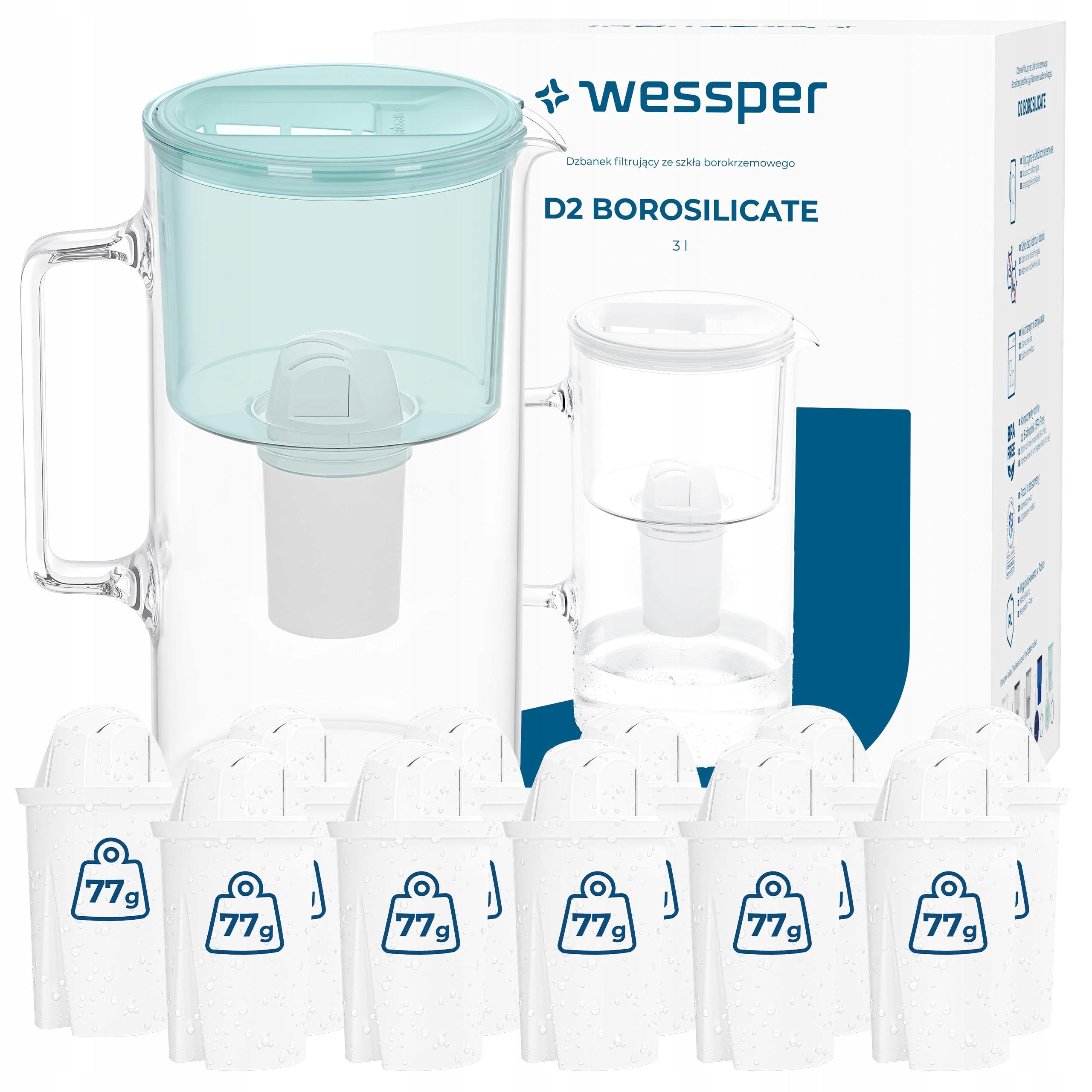 Glass filter jug Wessper D2 BOROSILICATE 3l + 12x water filter