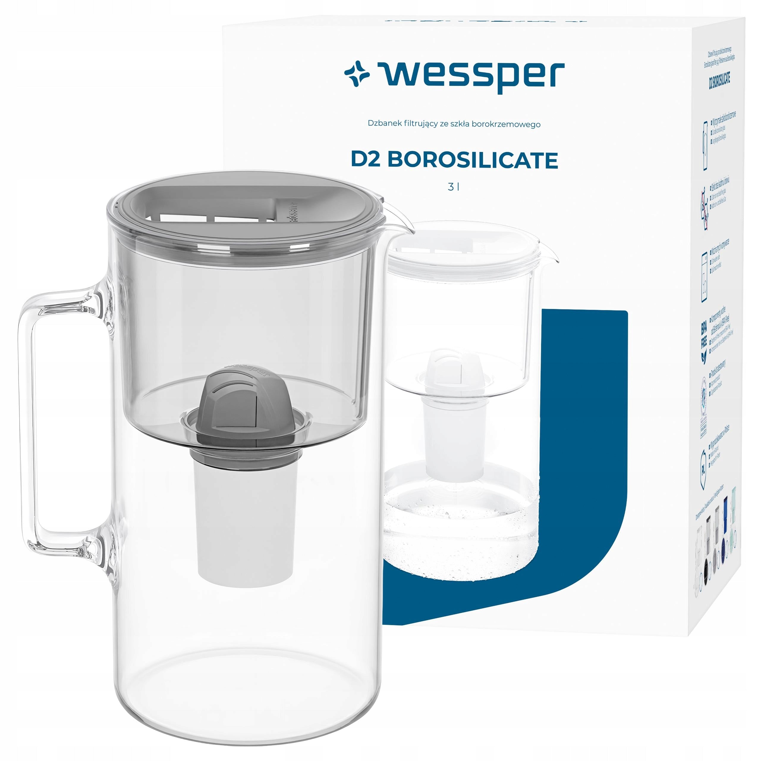 Glass filter jug Wessper D2 BOROSILICATE 3l + AquaClassic filter
