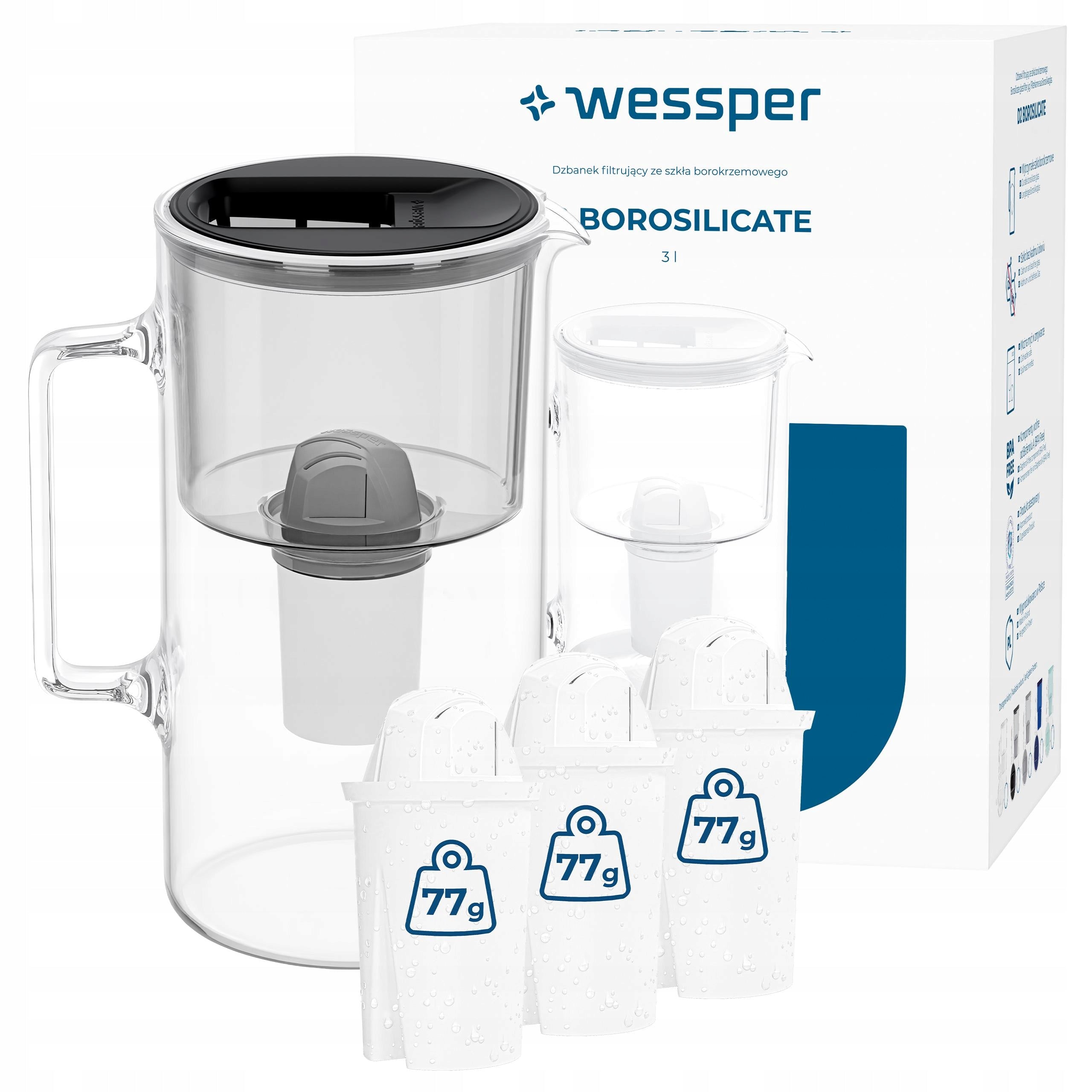 Glass filter jug Wessper D2 BOROSILICATE 3l black + 4x filter