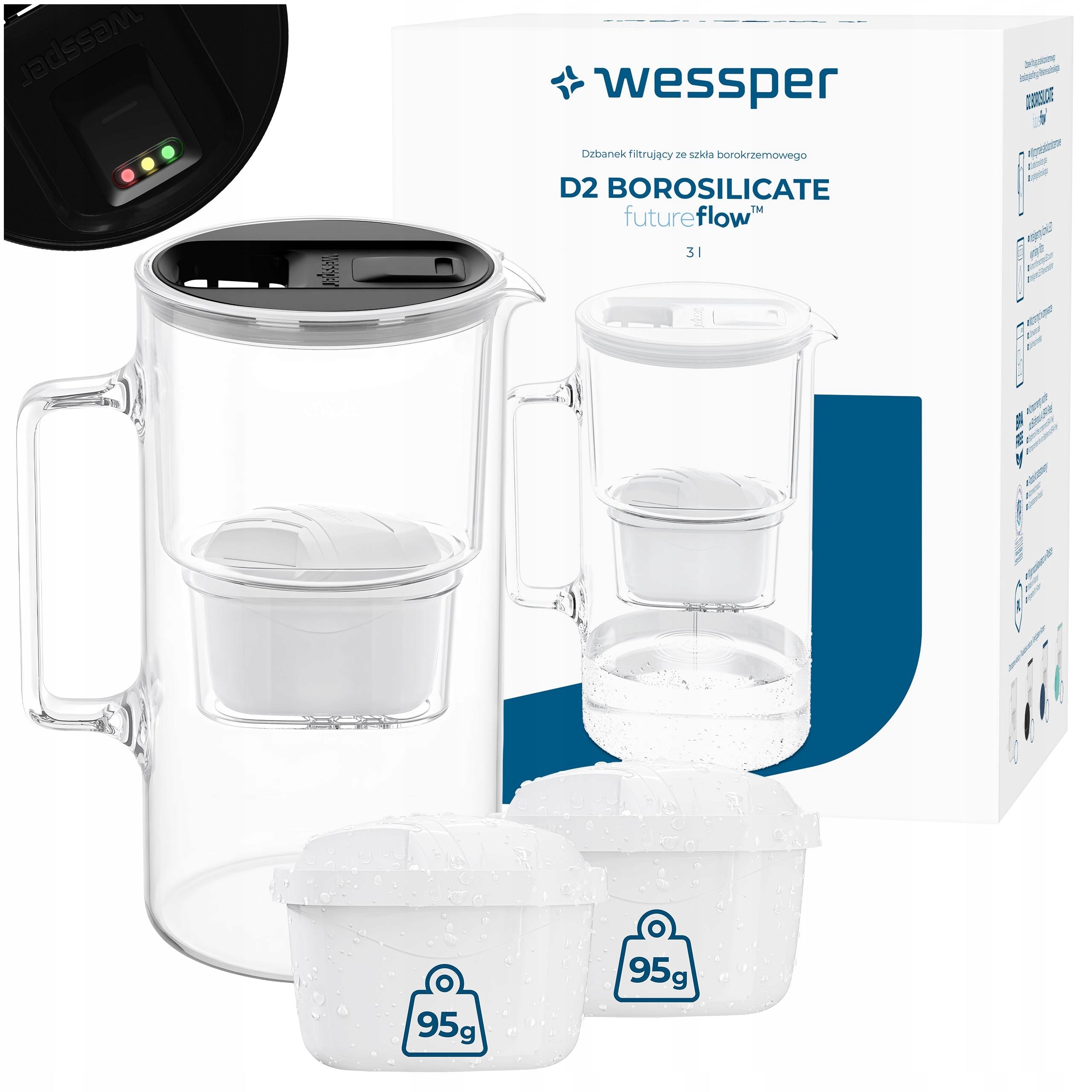 Glass filter jug Wessper D2 BOROSILICATE 3l futureflow + 3x filter