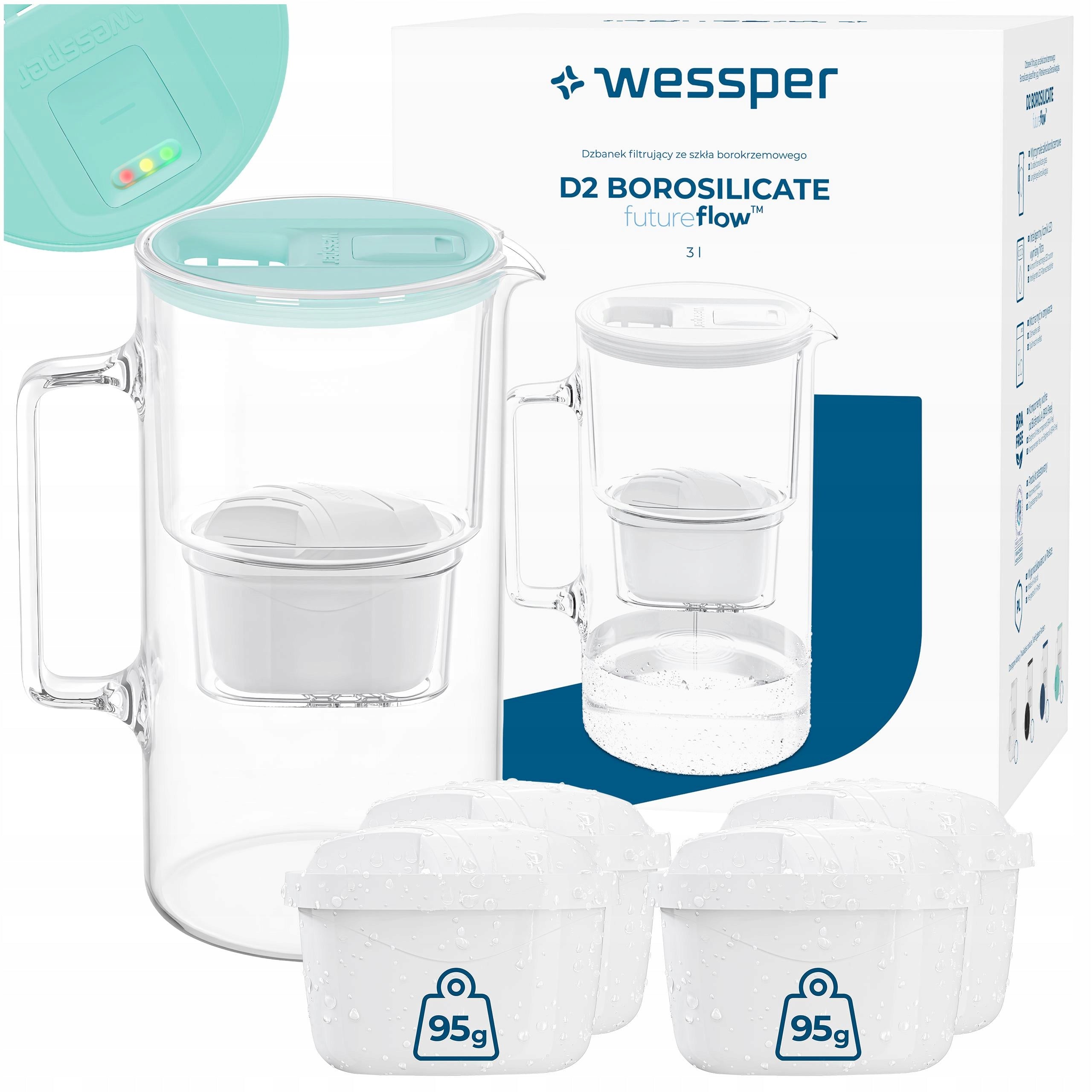 Glass filter jug Wessper D2 BOROSILICATE 3l futureflow + 5x filter