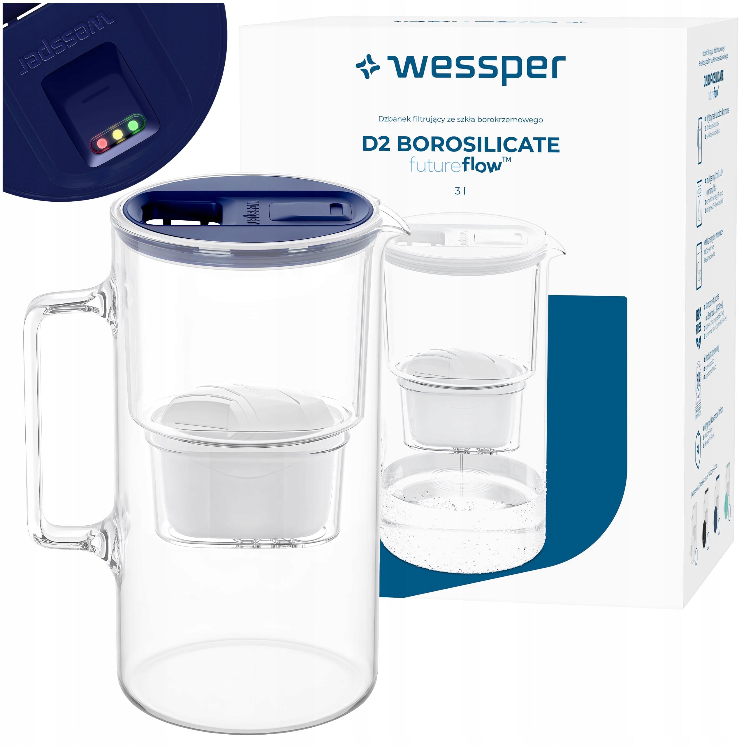 Glass filter jug Wessper D2 BOROSILICATE 3l futureflow + filter