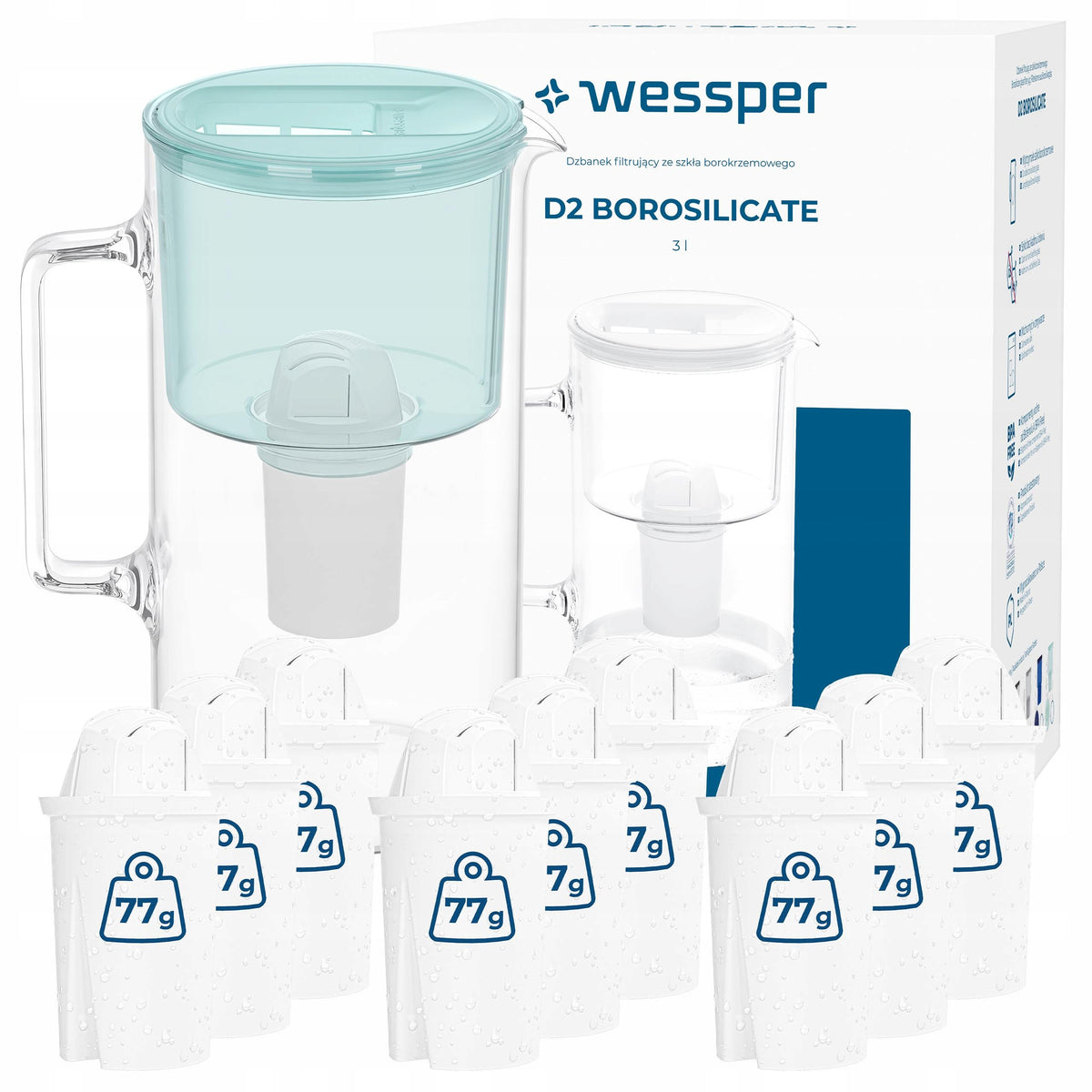 Glass filter jug Wessper D2 BOROSILICATE 3l mint + 10x filter