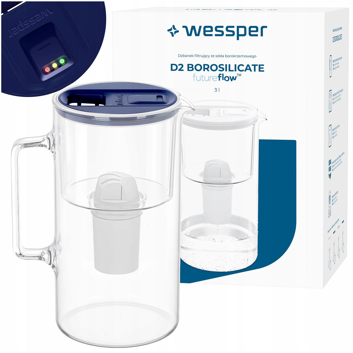 Glass filter jug Wessper D2 BOROSILICATE FF 3l LED + 1x filter