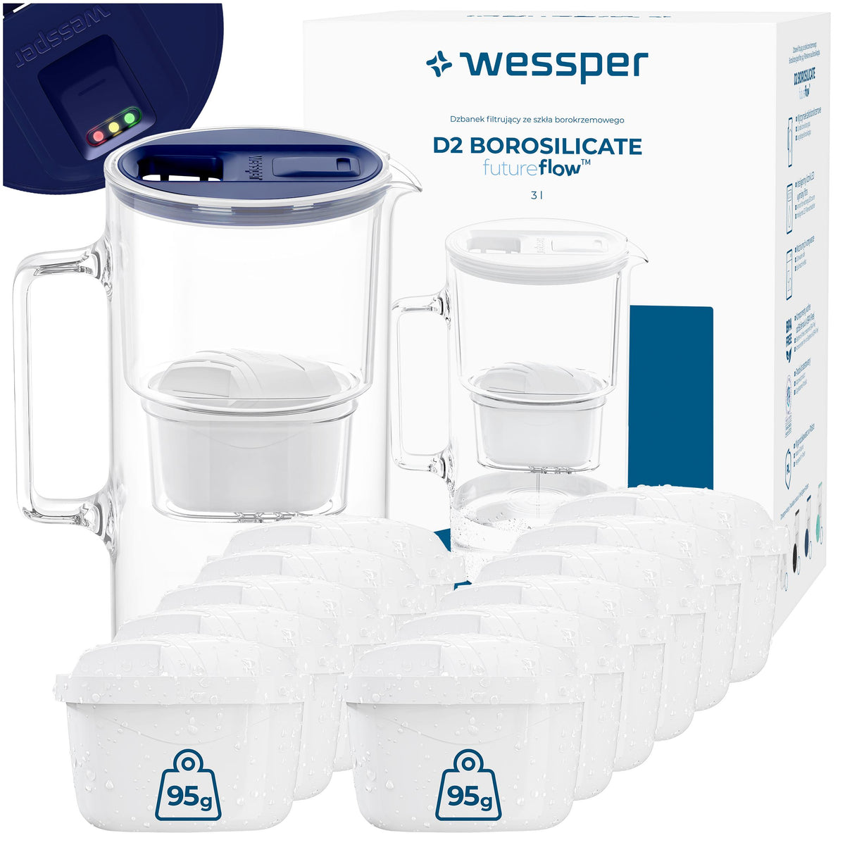 Glass filter jug Wessper D2 BOROSILICATE FF 3l navy blue + 12x filter