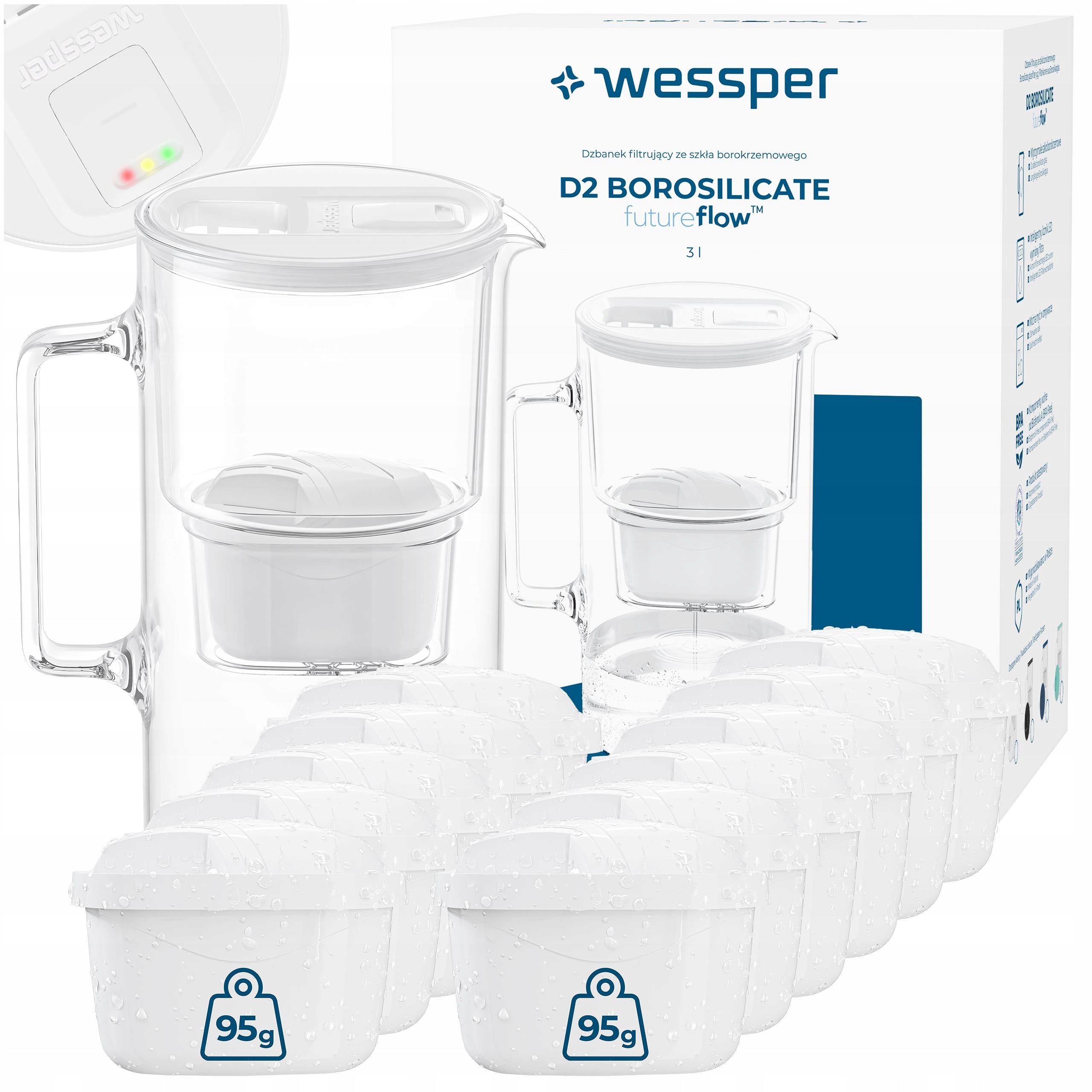 Glass filter jug Wessper D2 BOROSILICATE FF 3l white + 12x filter