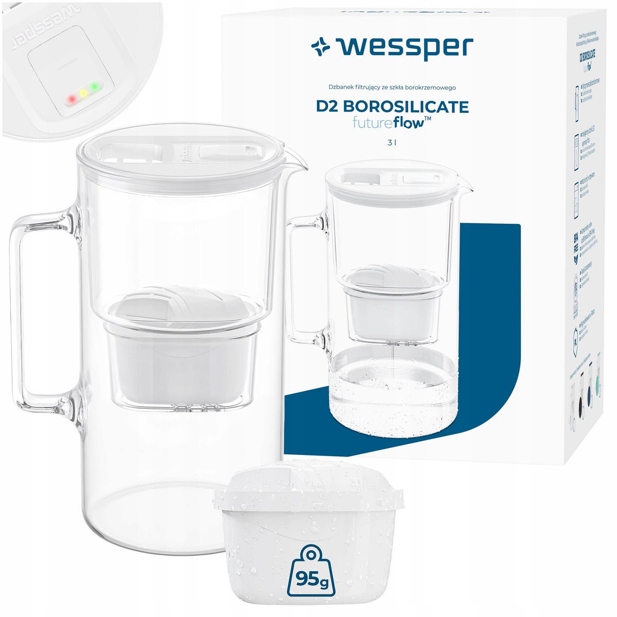 Glass filter jug Wessper D2 BOROSILICATE FF 3l white + 2x filter