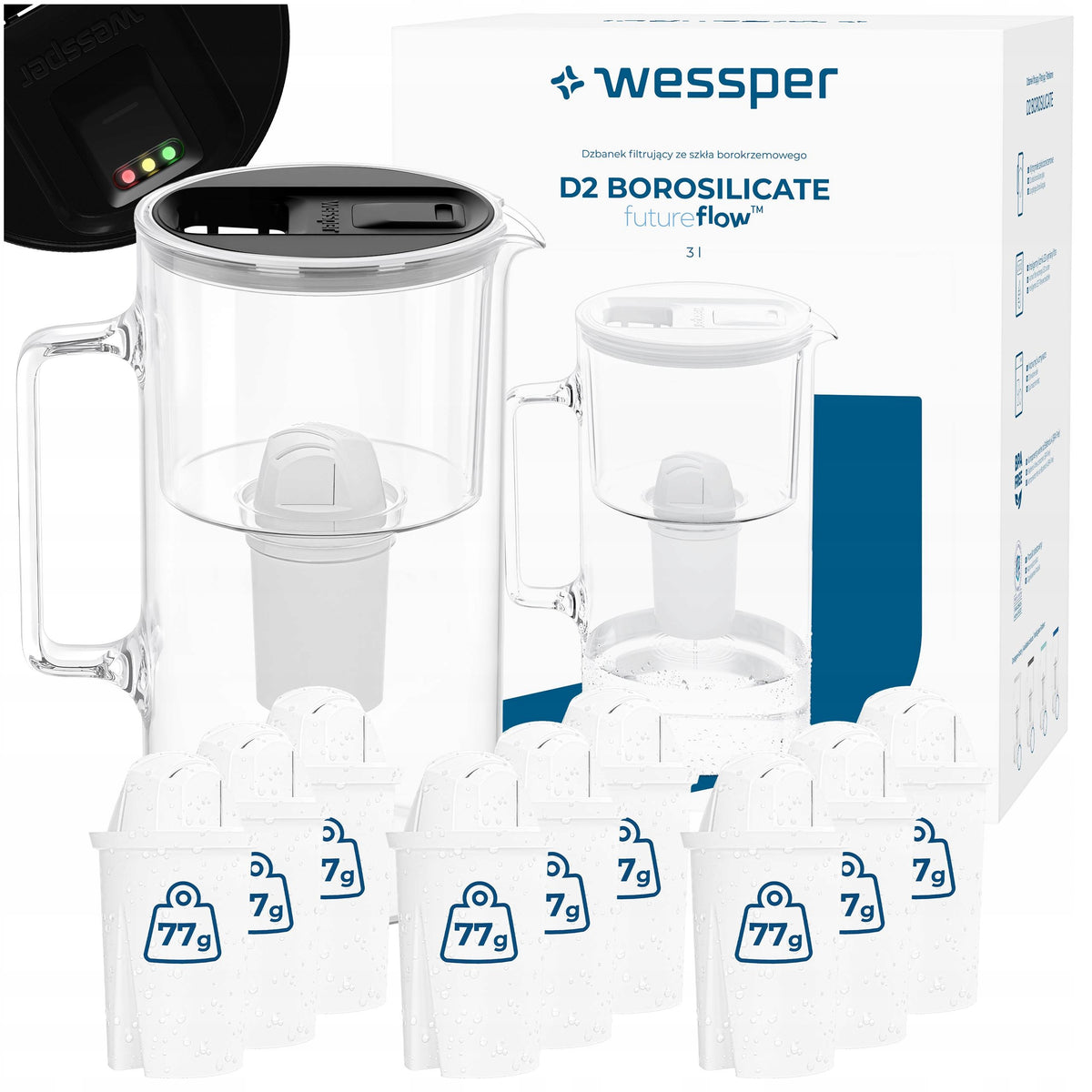 Glass filter jug Wessper D2 BOROSILICATE FF LED 3l + 10x filter