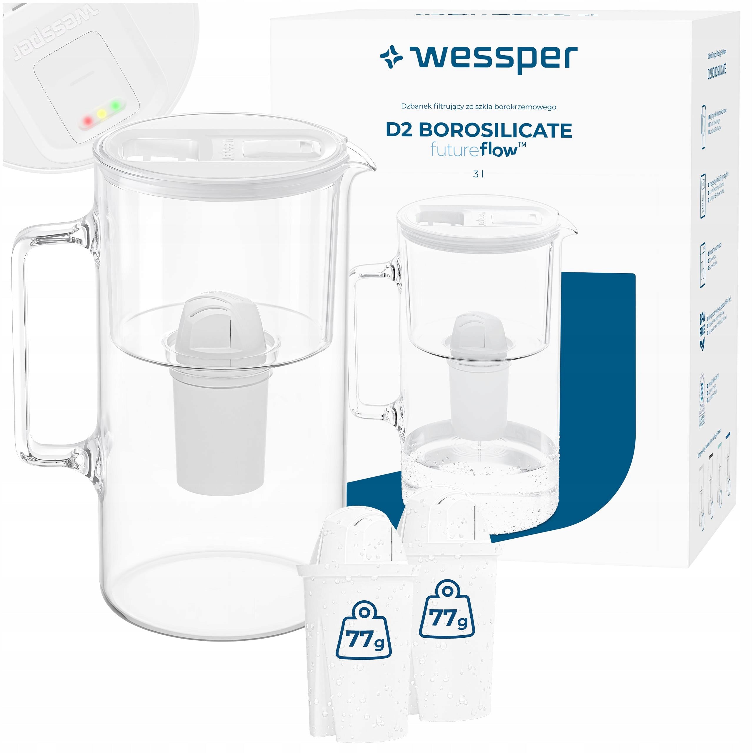 Glass filter jug Wessper D2 BOROSILICATE LED 3l + 3x water filter