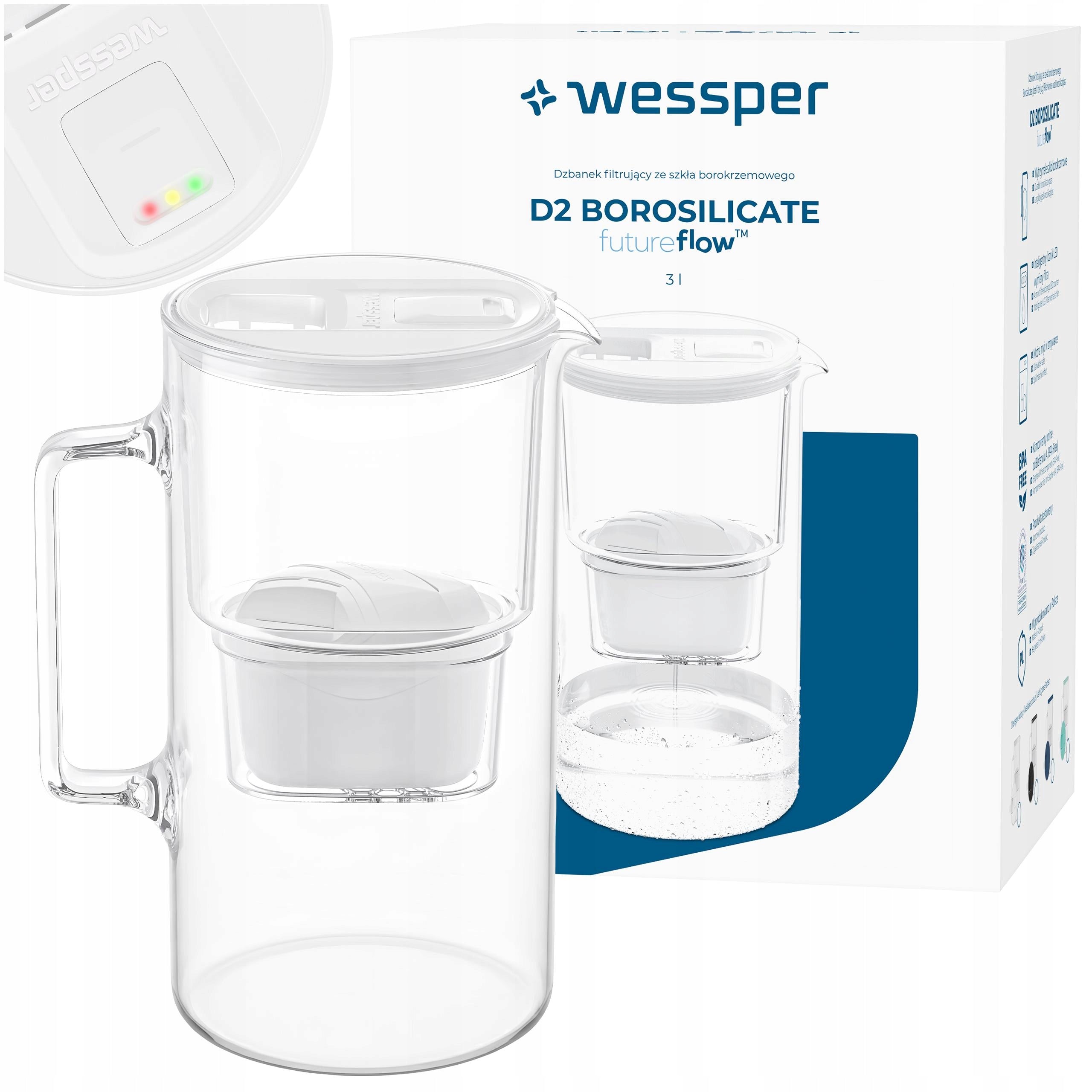 Glass filter jug Wessper D2 BOROSILICATE LED futureflow counter