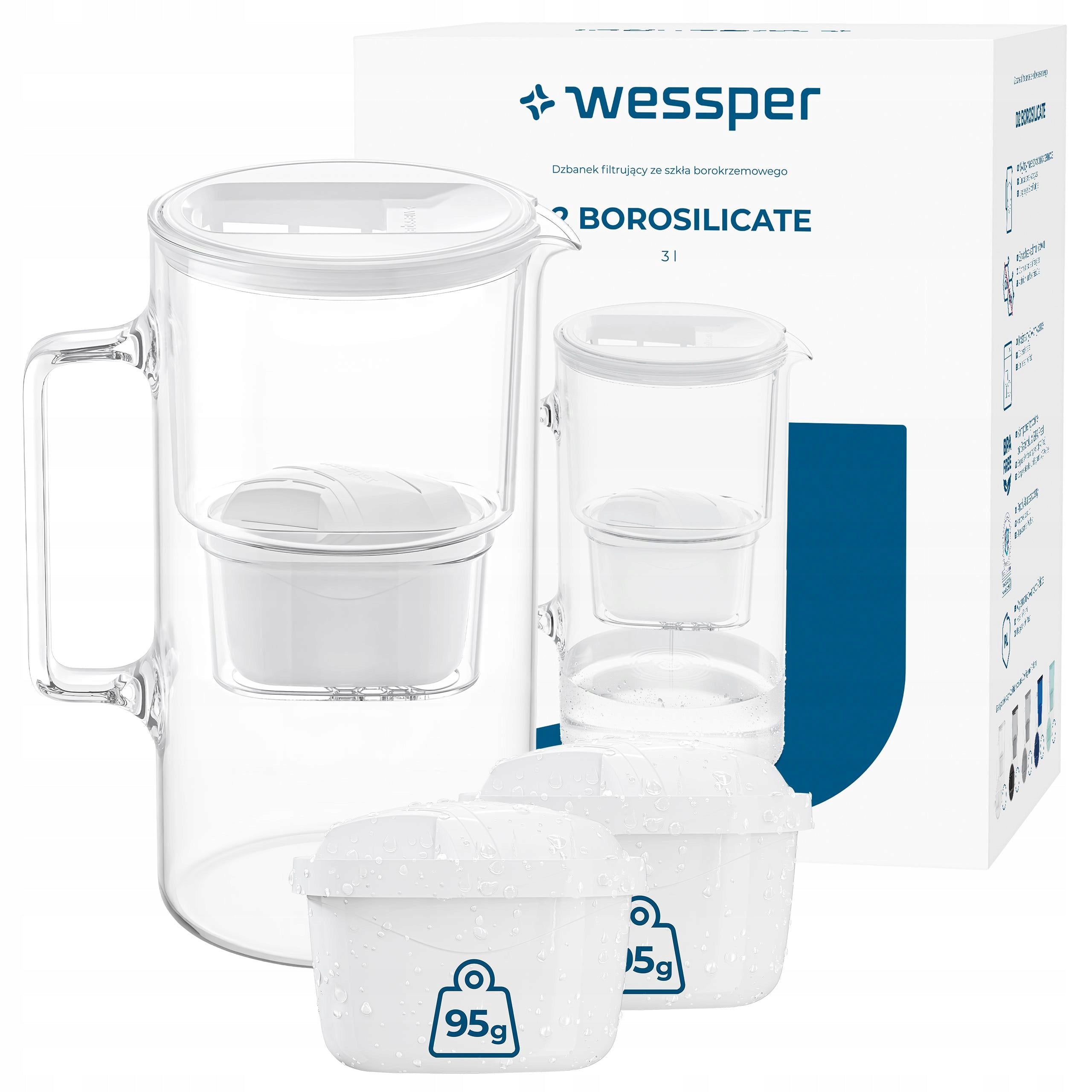 Glass filter jug Wessper D2 Borosilicate 3l + 3x water filter