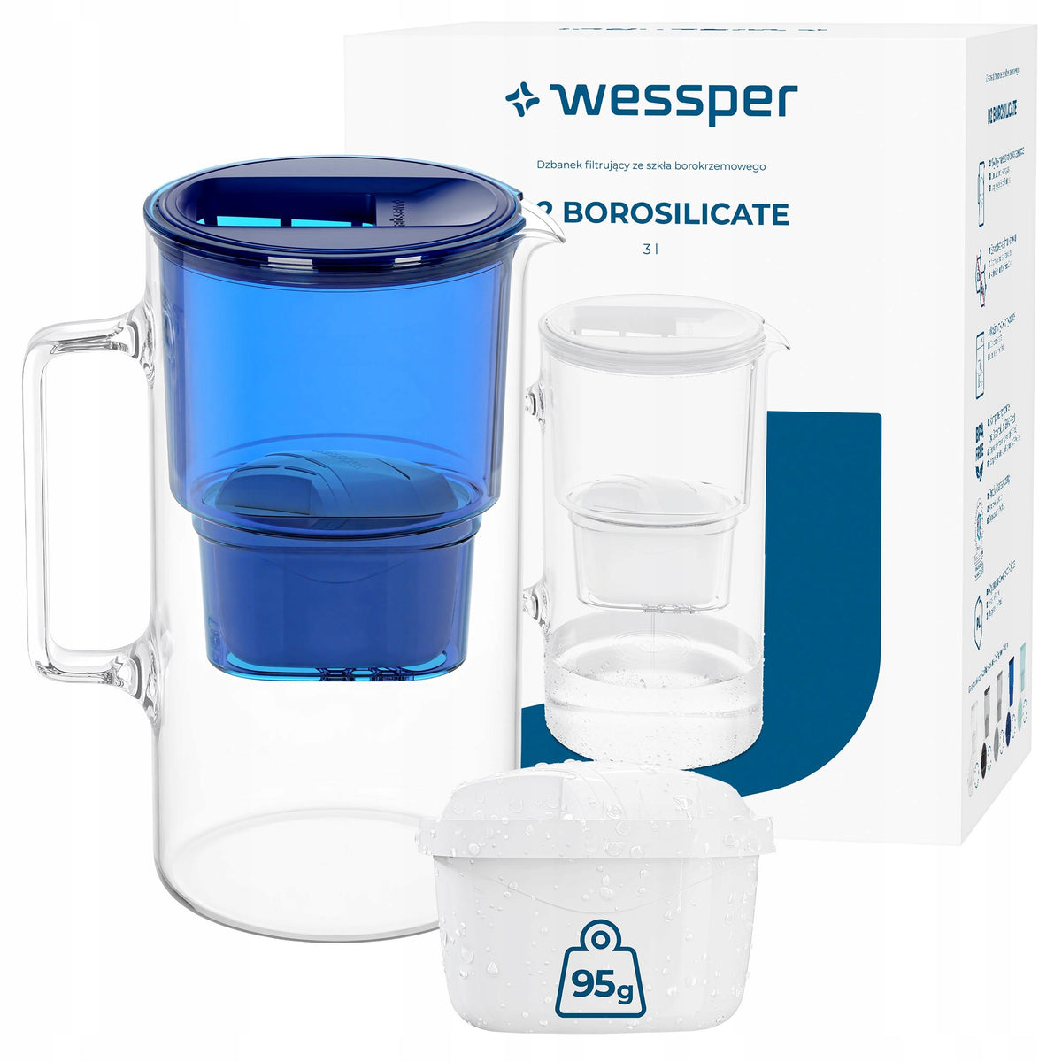 Glass filter jug Wessper D2 Borosilicate 3l blue + 2x filter