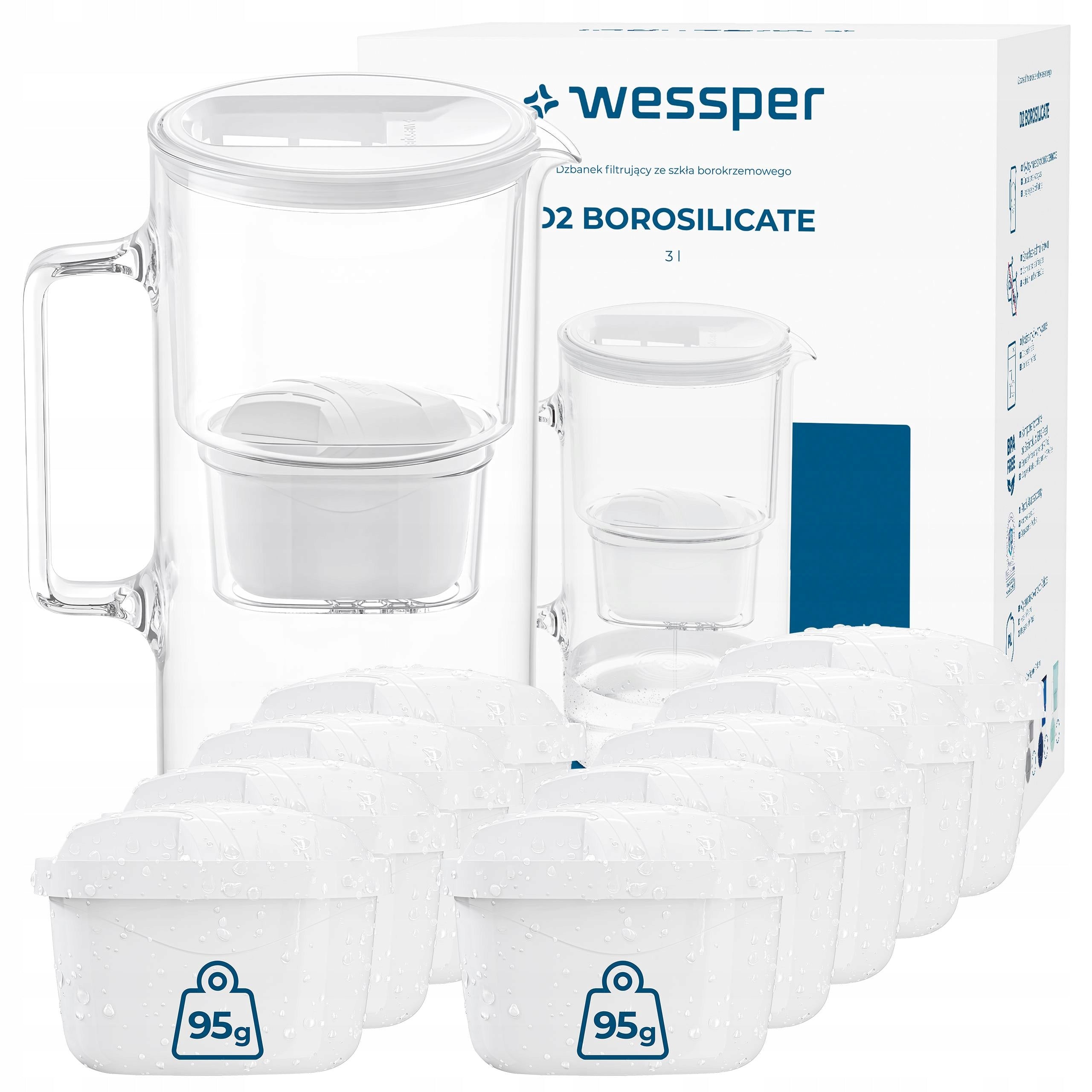 Glass filter jug Wessper D2 Borosilicate 3l white + 10x filter
