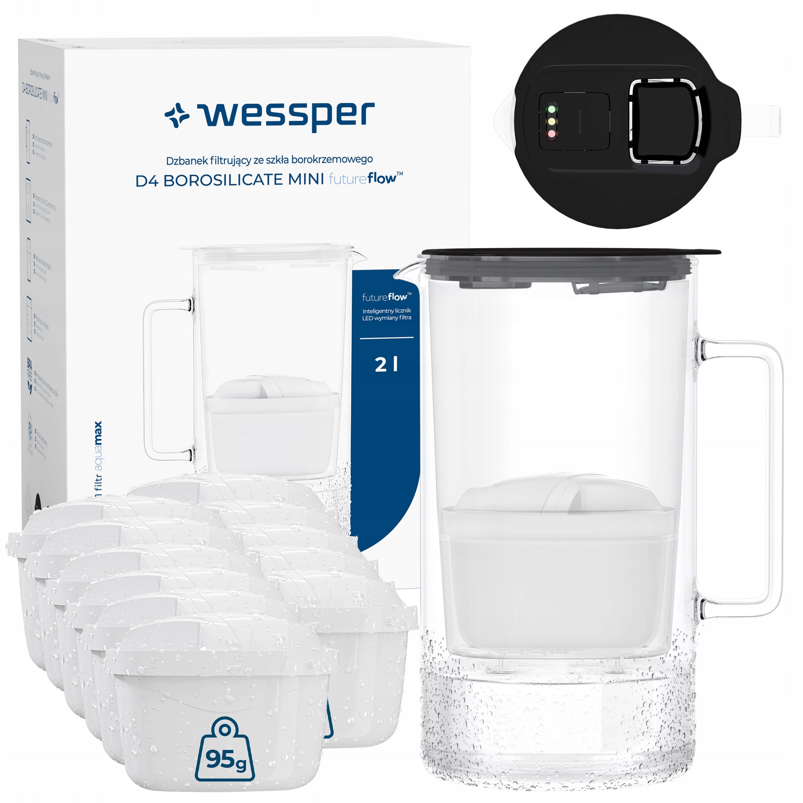 Glass filter jug Wessper D4 BOROSILICATE MINI 2l + 12x filter