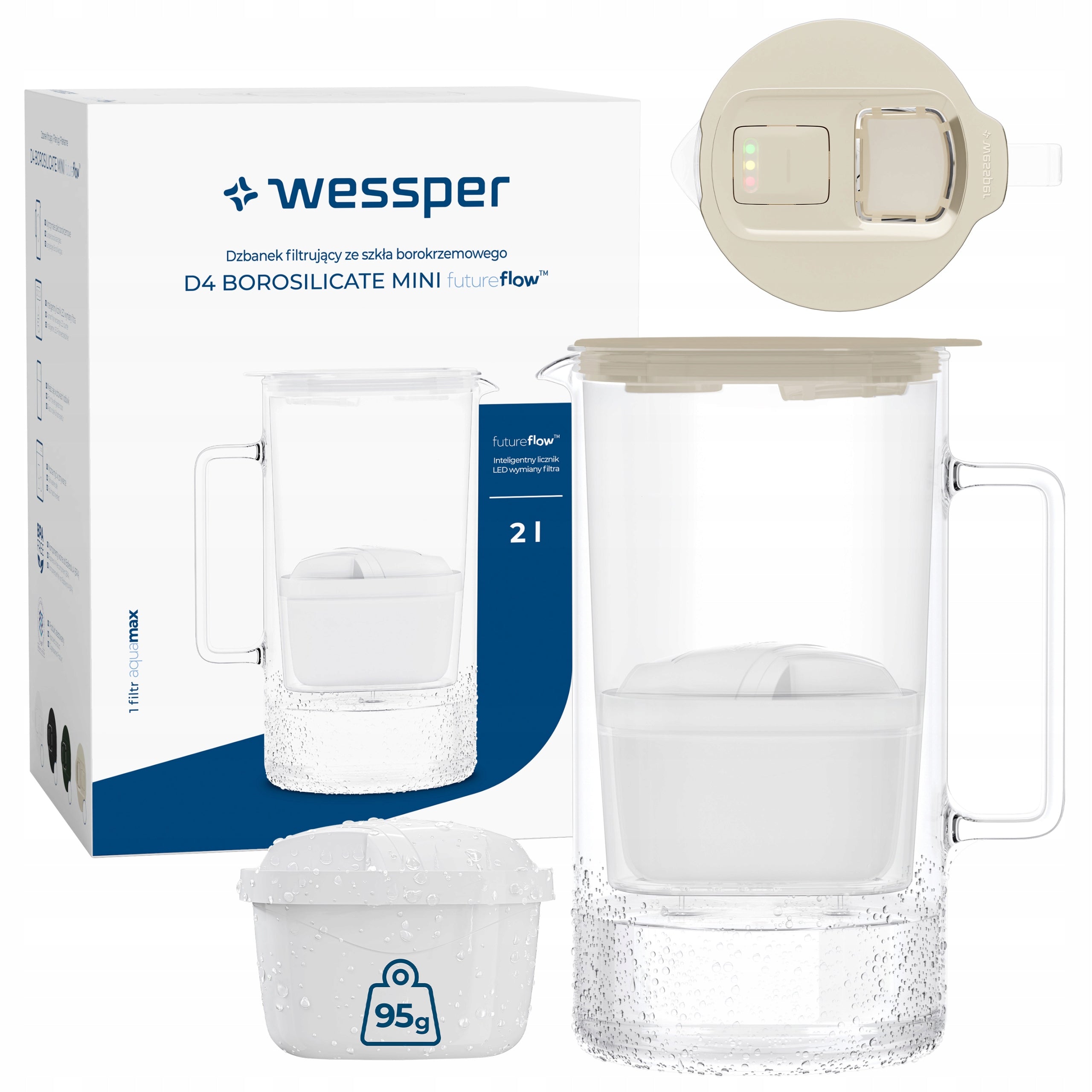 Glass filter jug Wessper D4 BOROSILICATE MINI FF 2l + 2x filter