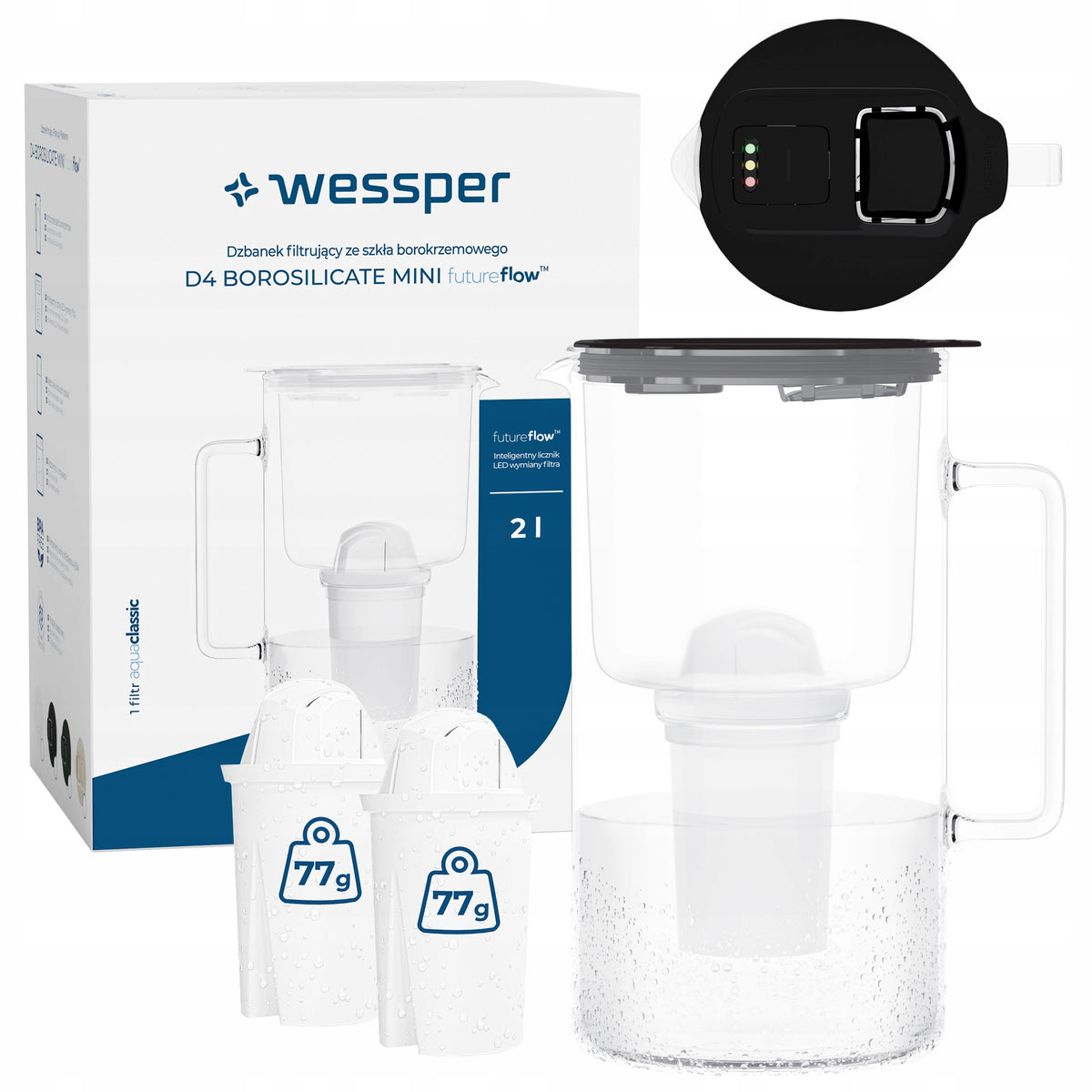 Glass filter jug Wessper D4 BOROSILICATE MINI FF 2l + 3x filter