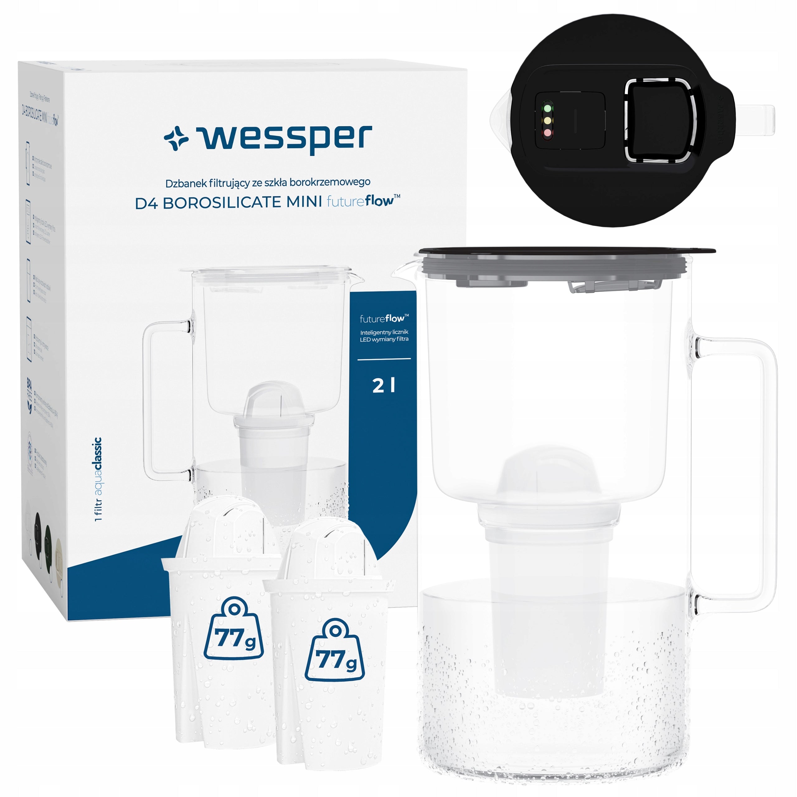 Glass filter jug Wessper D4 BOROSILICATE MINI FF 2l + 3x filter