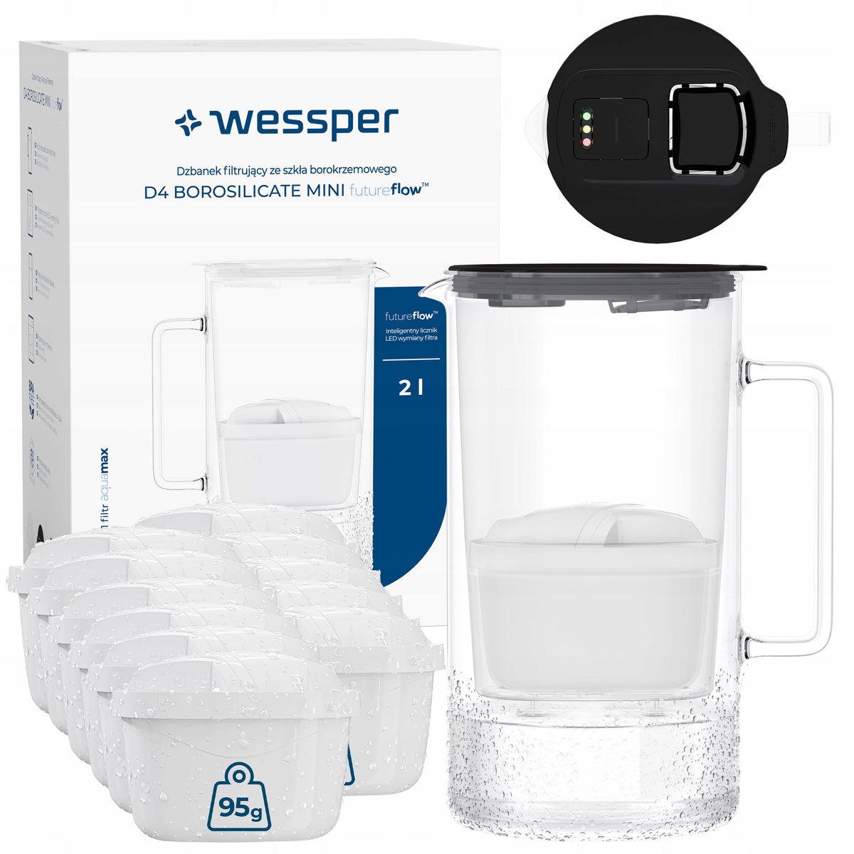 Glass filter jug Wessper D4 BOROSILICATE MINI FF BK + 12x filter