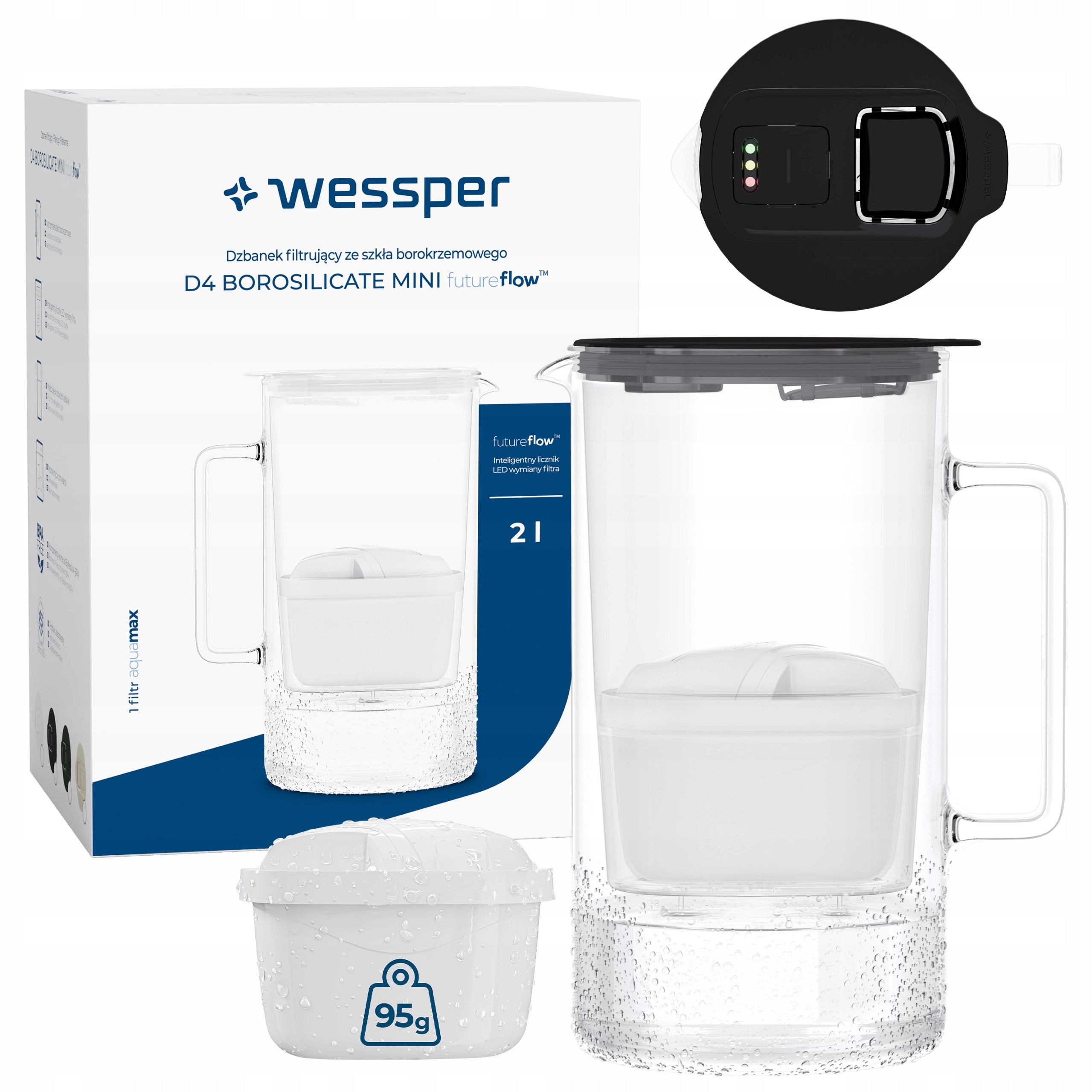 Glass filter jug Wessper D4 BOROSILICATE MINI counter + 2x filter