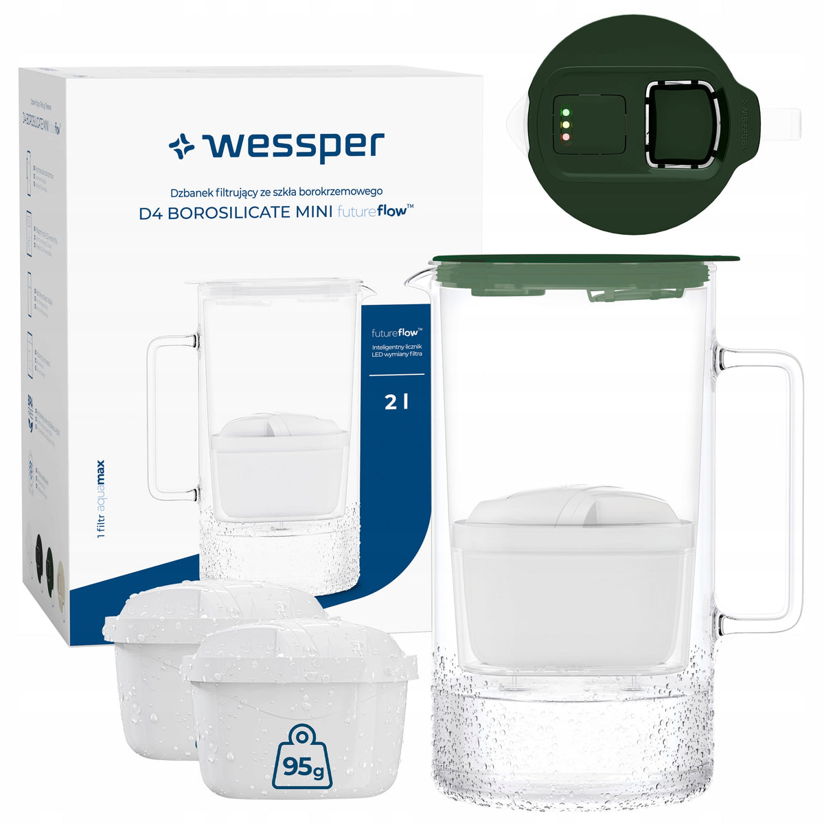Glass filter jug Wessper D4 BOROSILICATE MINI counter + 3x filter