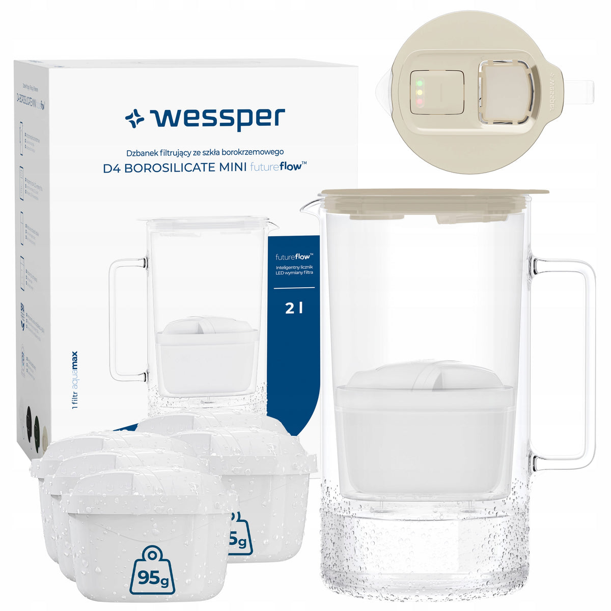 Glass filter jug Wessper D4 BOROSILICATE MINI counter + 6x filter