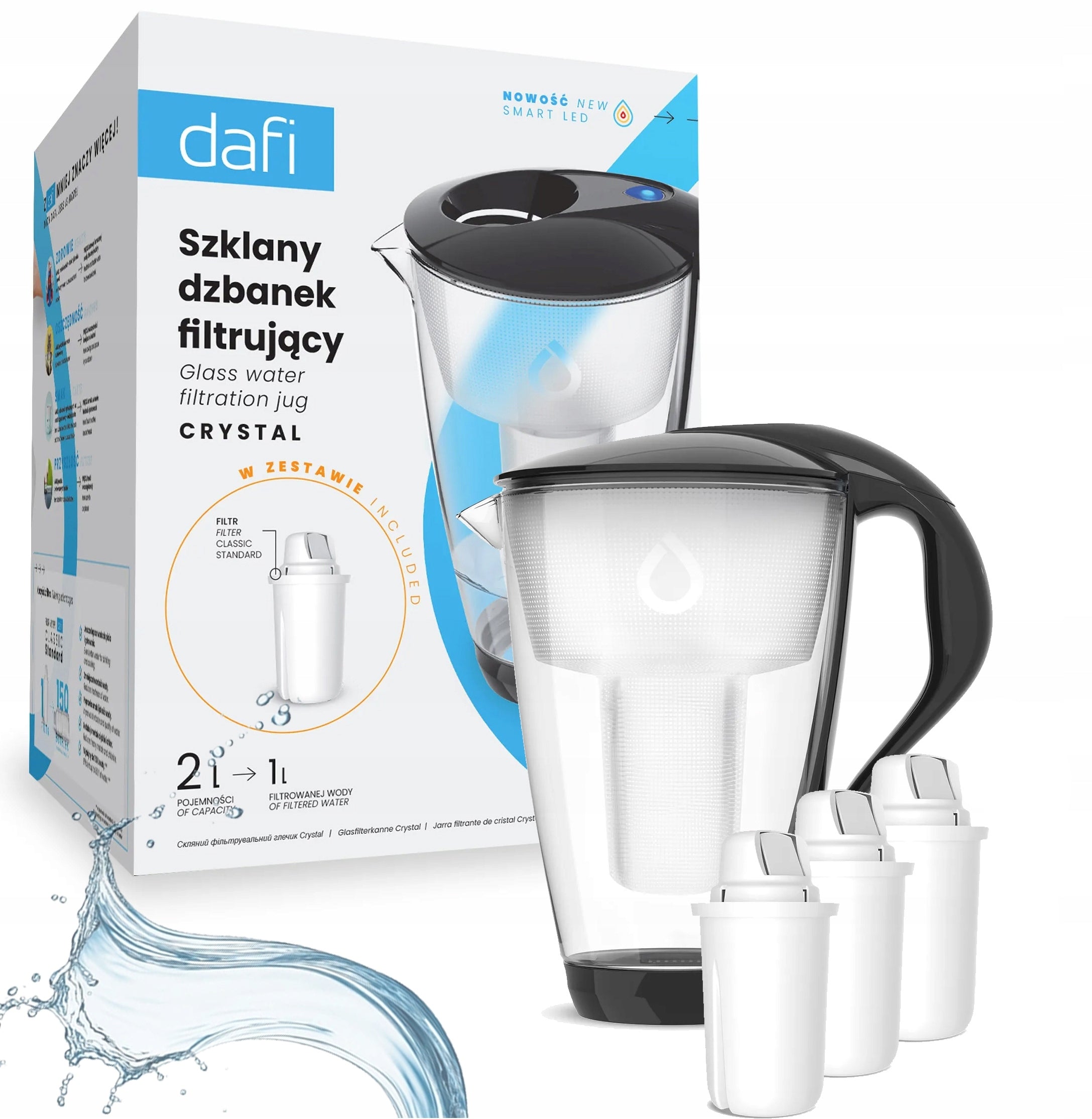 Glass jug DAFI CRYSTAL LED 2L Black + 3 filter Dafi Classic