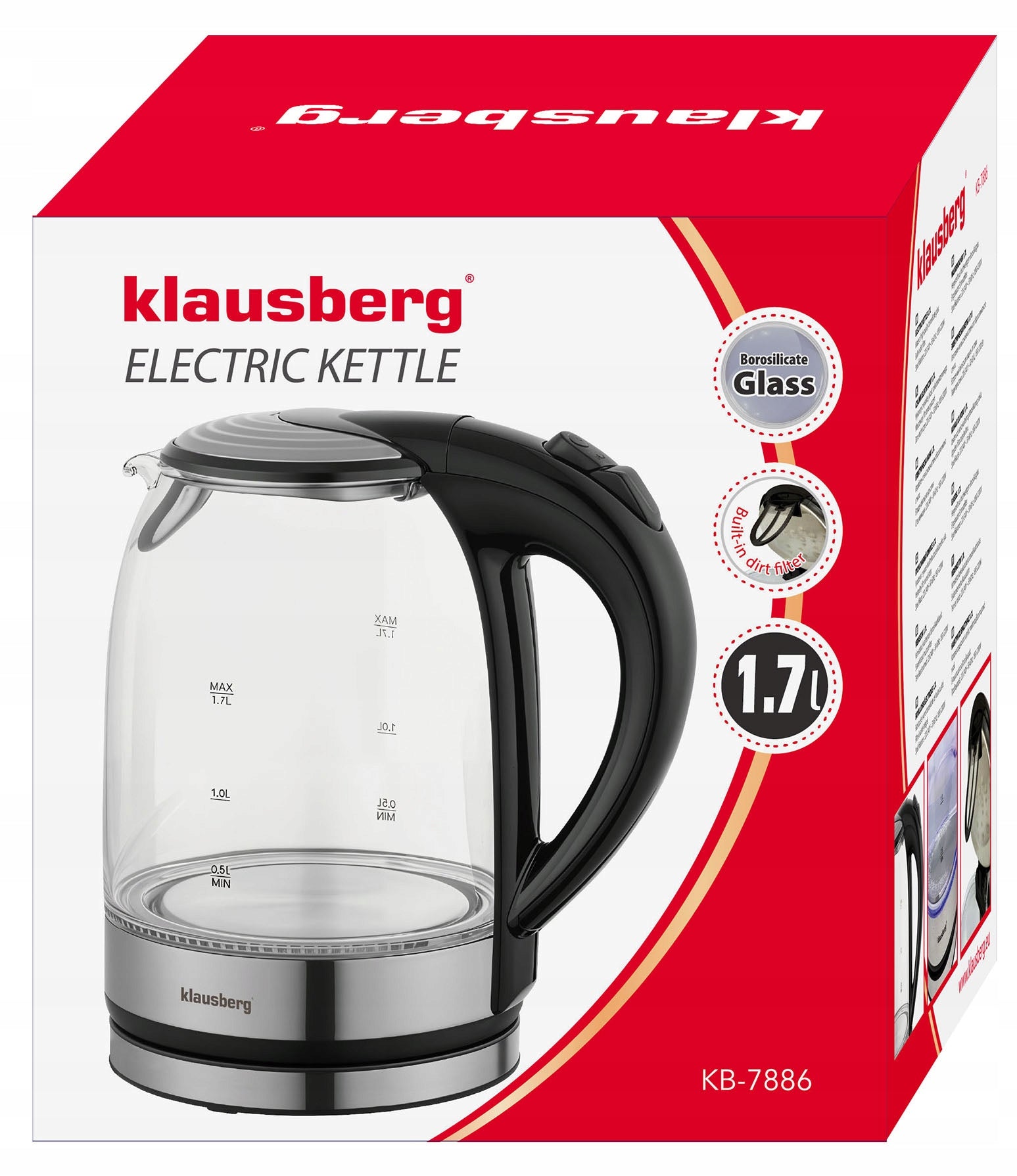 Glass kettle LED electric Klausberg KB-7886 1.7L 2200W inox filter Power 2200 W