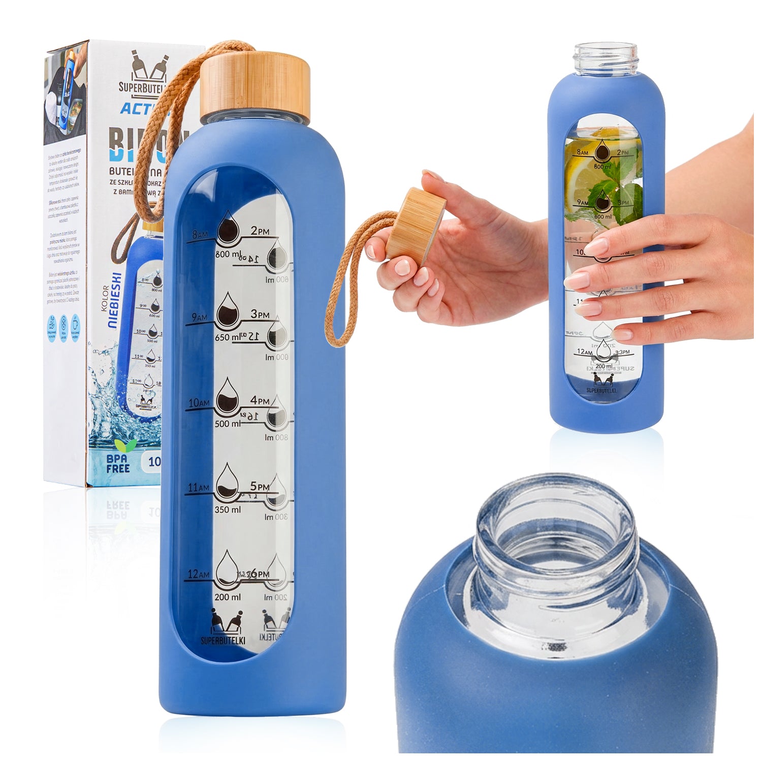 Glass water bottle 1L airtight motivational water bottle + FREEBIE