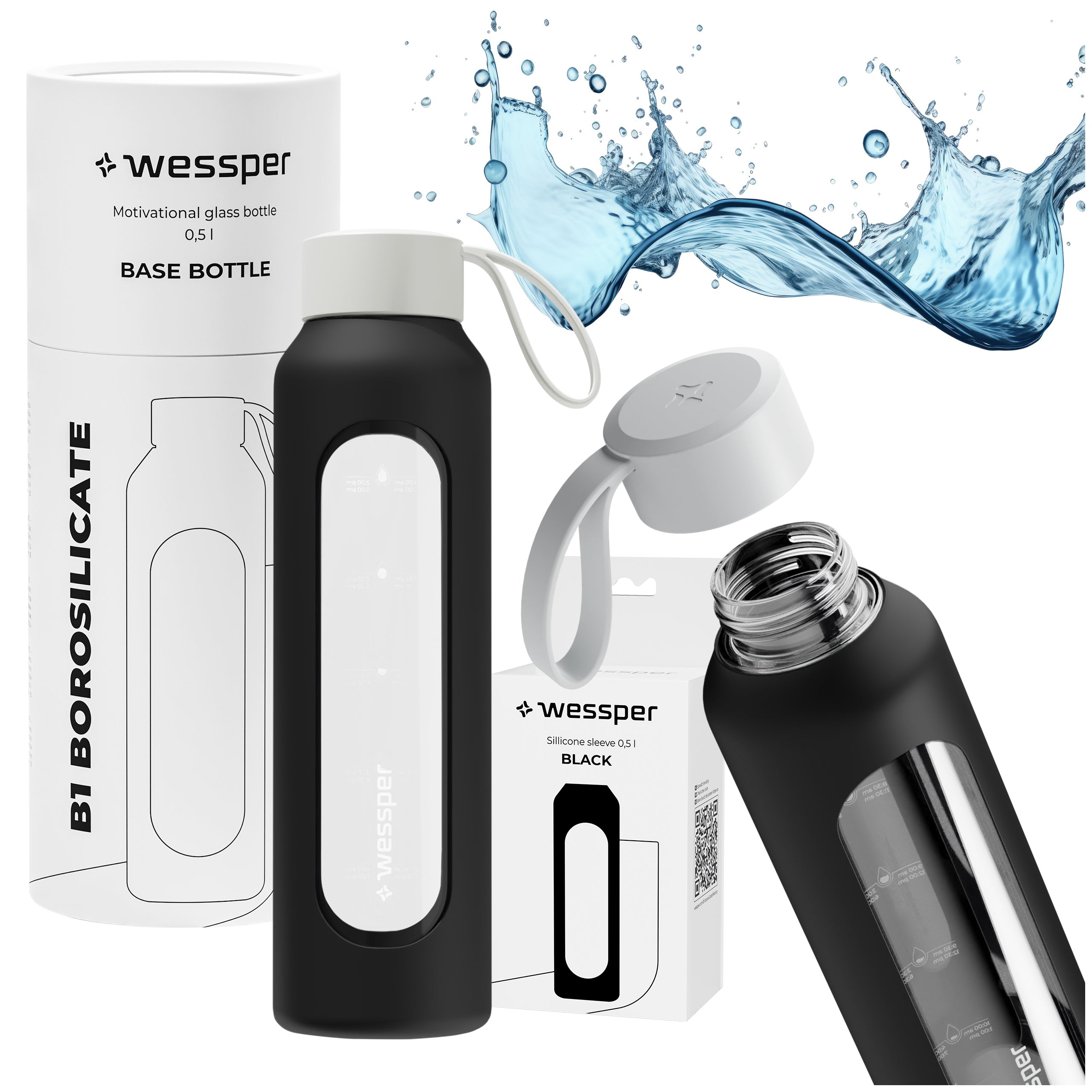 Glass water bottle 500ml sealed reusable water bottle Wessper B1 + case