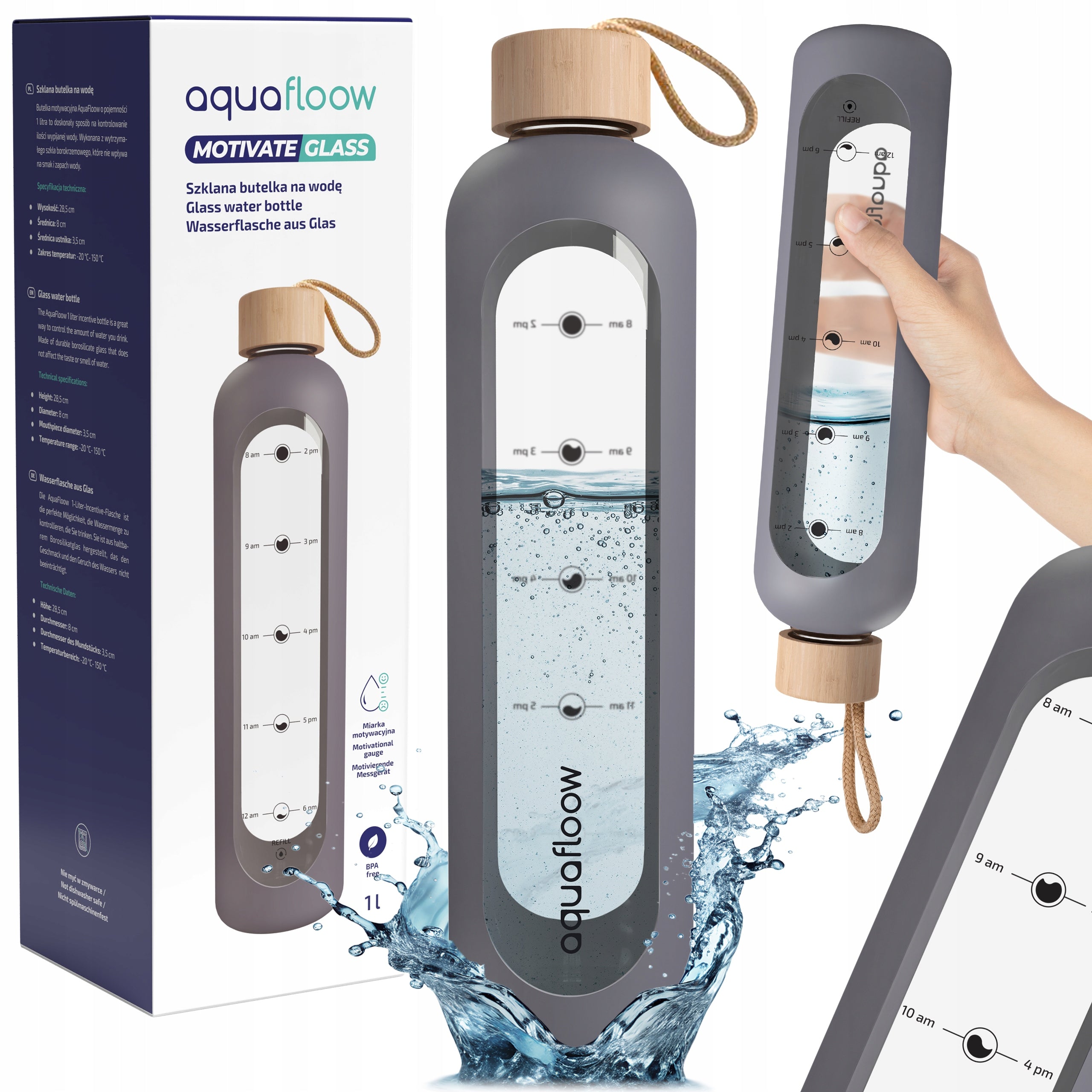 Glass water bottle motivational reusable sealed 1L AquaFloow