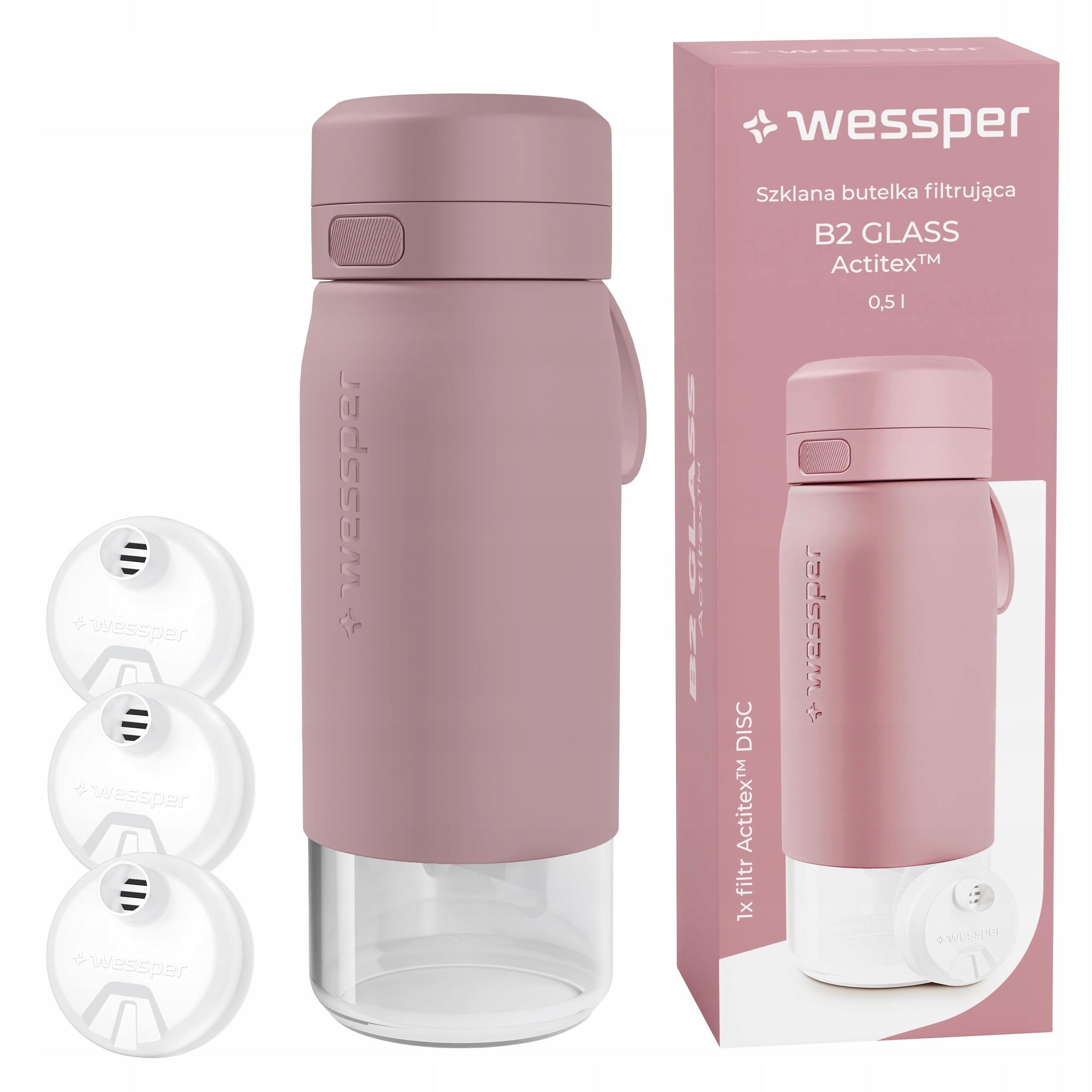 Glass water bottle with filter 500ml Wessper B2 Actitex + 3x filter