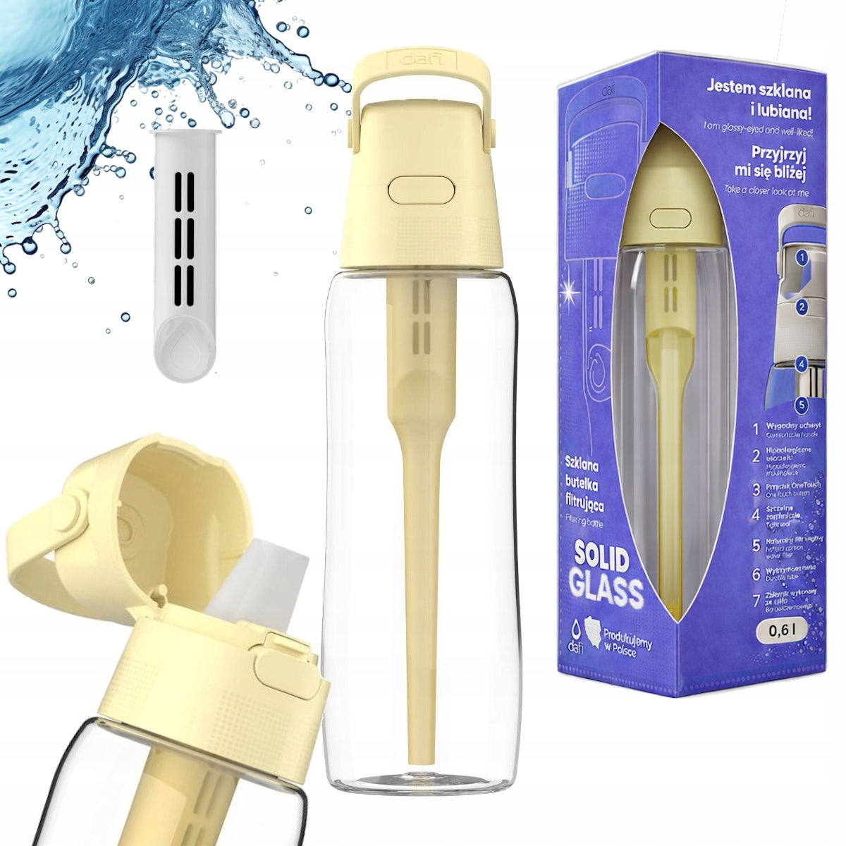 Glass water filter bottle DAFI SOLID GLASS 0,6 yellow butter