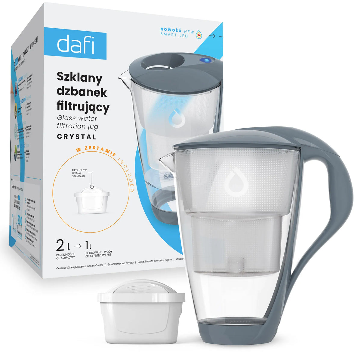 Glass water filter jug Dafi Crystal LED +6 filters Unimax steel Manufacturer code 074558+928483