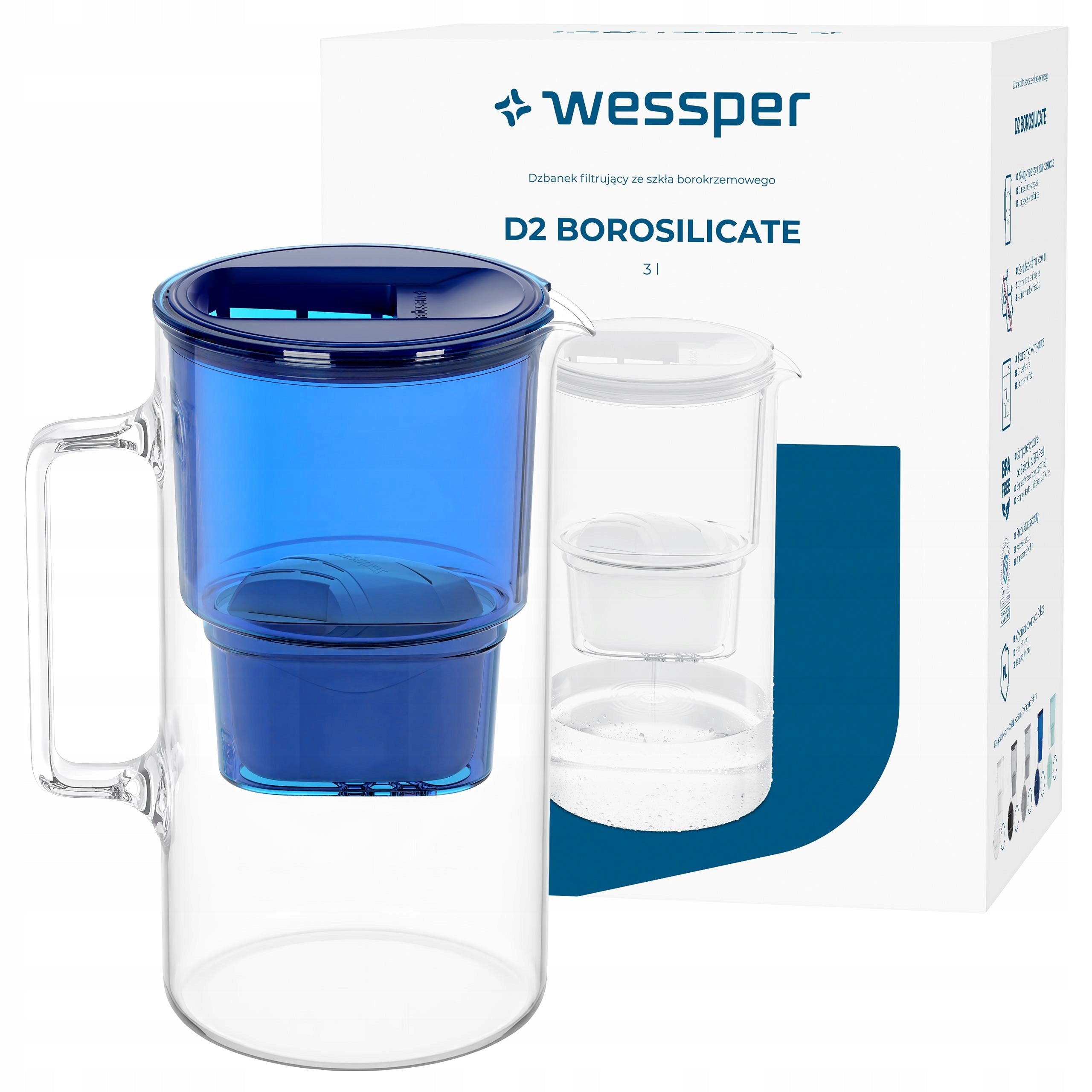 Glass water filter jug Wessper D2 BOROSILICATE 3l + water filter