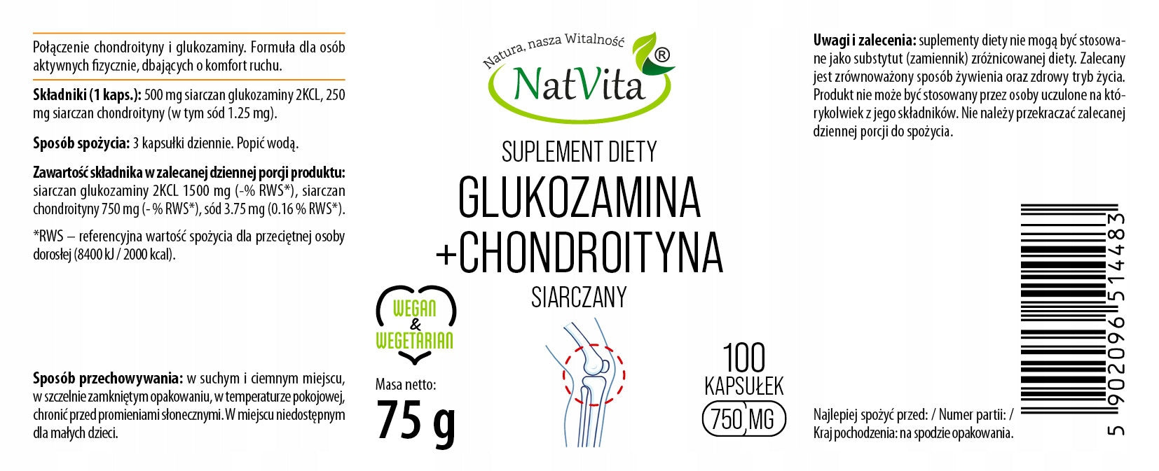 Glucosamine Chondroitin 2:1 Collagen Joints 100 Capsules 750mg NatVita Packaging status original