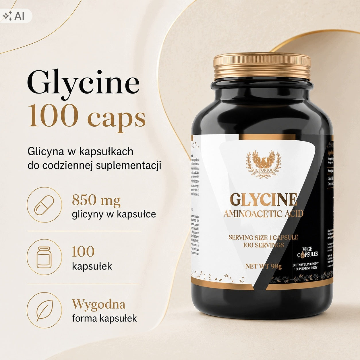 Glycine 100 capsules Glycine 850mg Sleep Stress Nervous System Victorious Medical device no